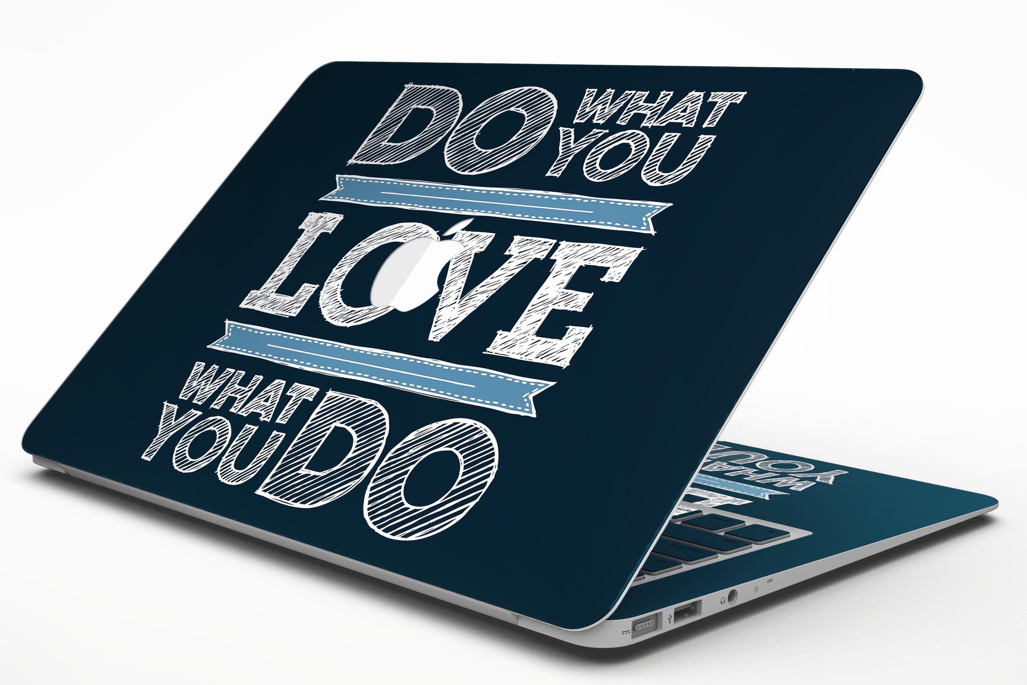 Stylish MacBook Air with 'Do What You Love What You Do' skin, showcasing a vibrant design and sleek finish.