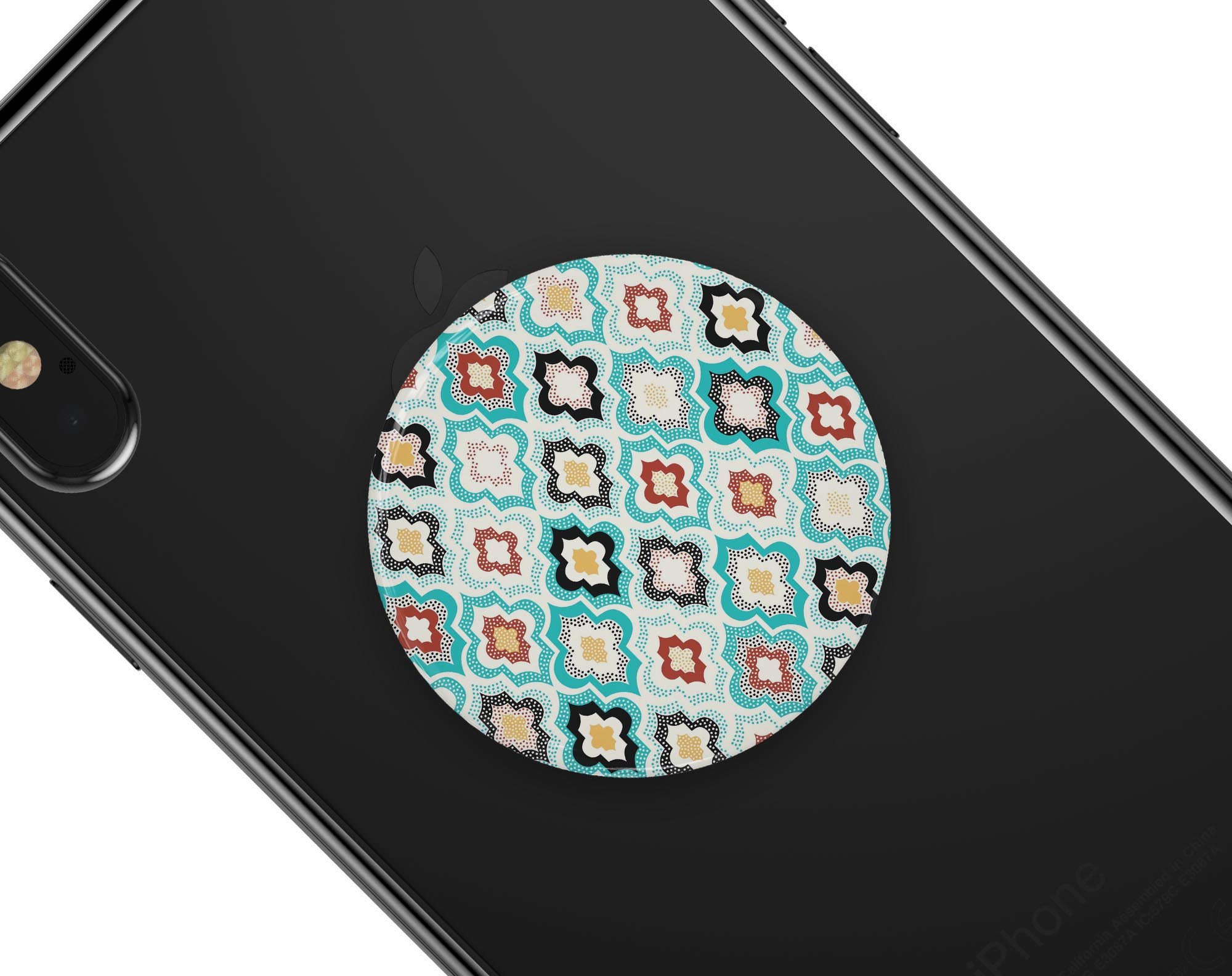 Dotted Moroccan pattern skin kit for PopSockets, showcasing vibrant colors and intricate design on a smartphone grip.