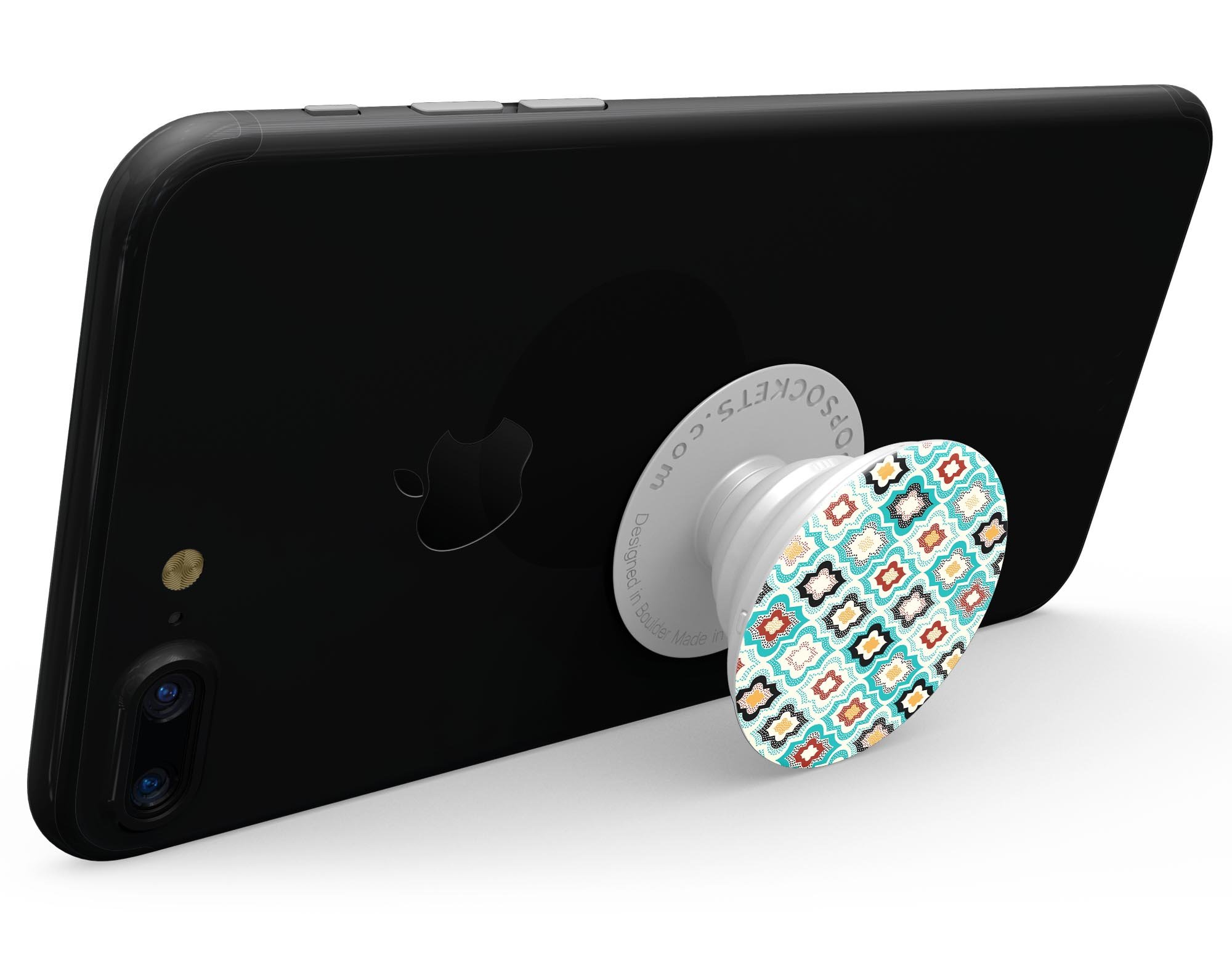 Dotted Moroccan pattern skin kit for PopSockets, showcasing vibrant colors and intricate design on a smartphone grip.