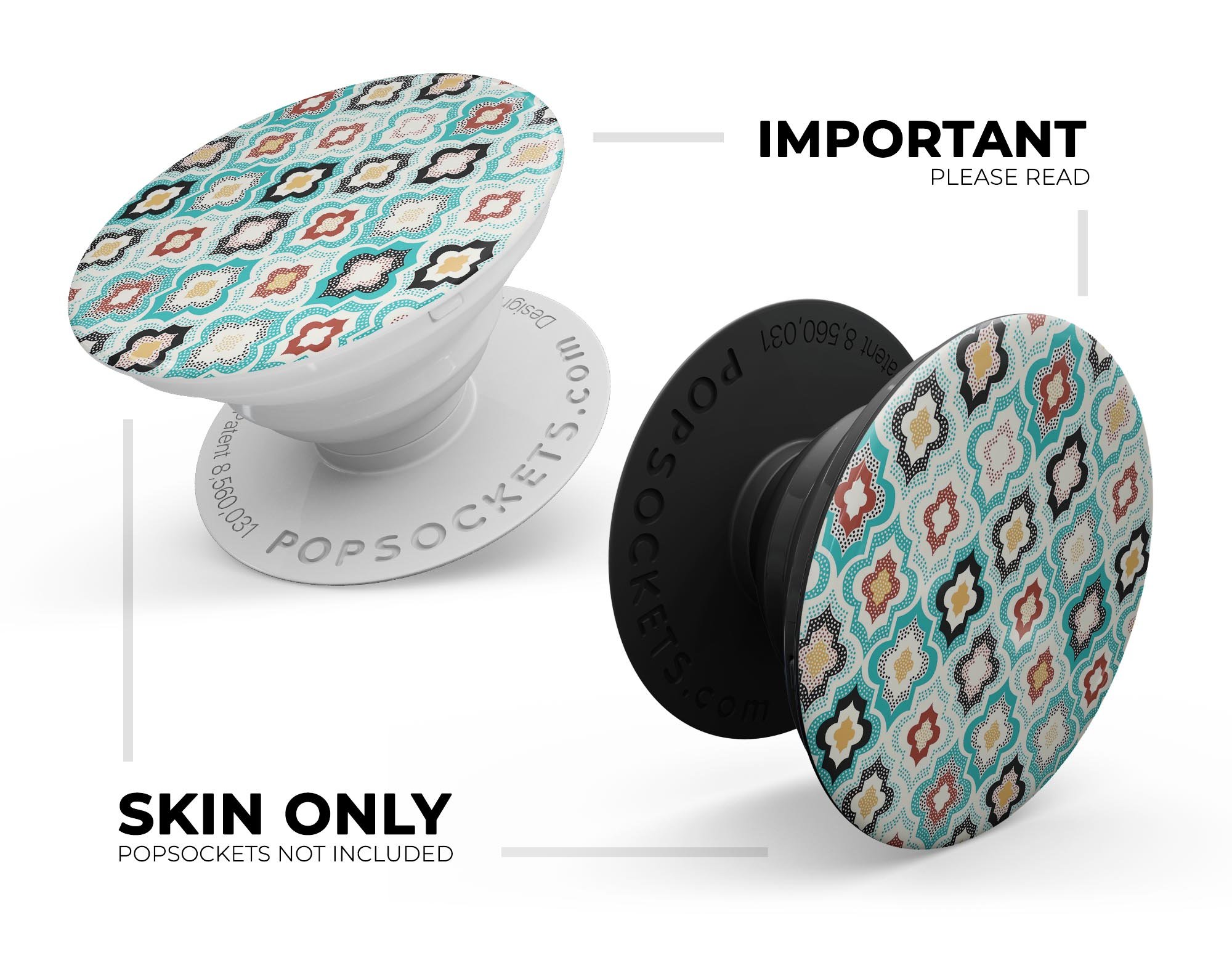 Dotted Moroccan pattern skin kit for PopSockets, showcasing vibrant colors and intricate design on a smartphone grip.