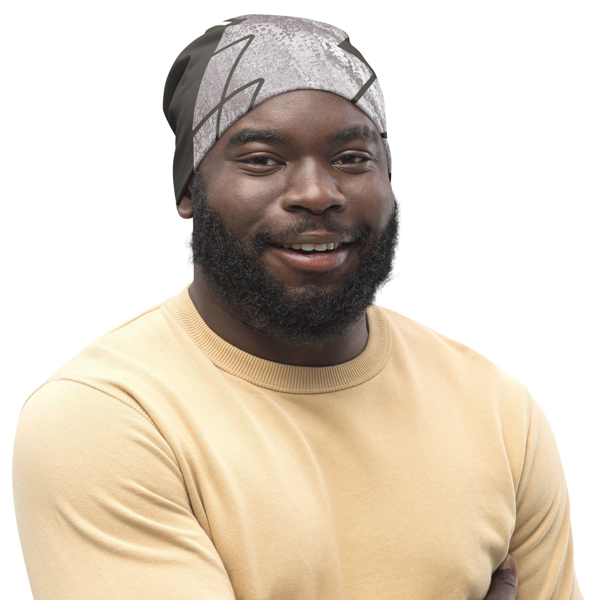 Double-layered beanie hat in ash grey and white triangular colorblock design, showcasing its soft fabric and stylish look.