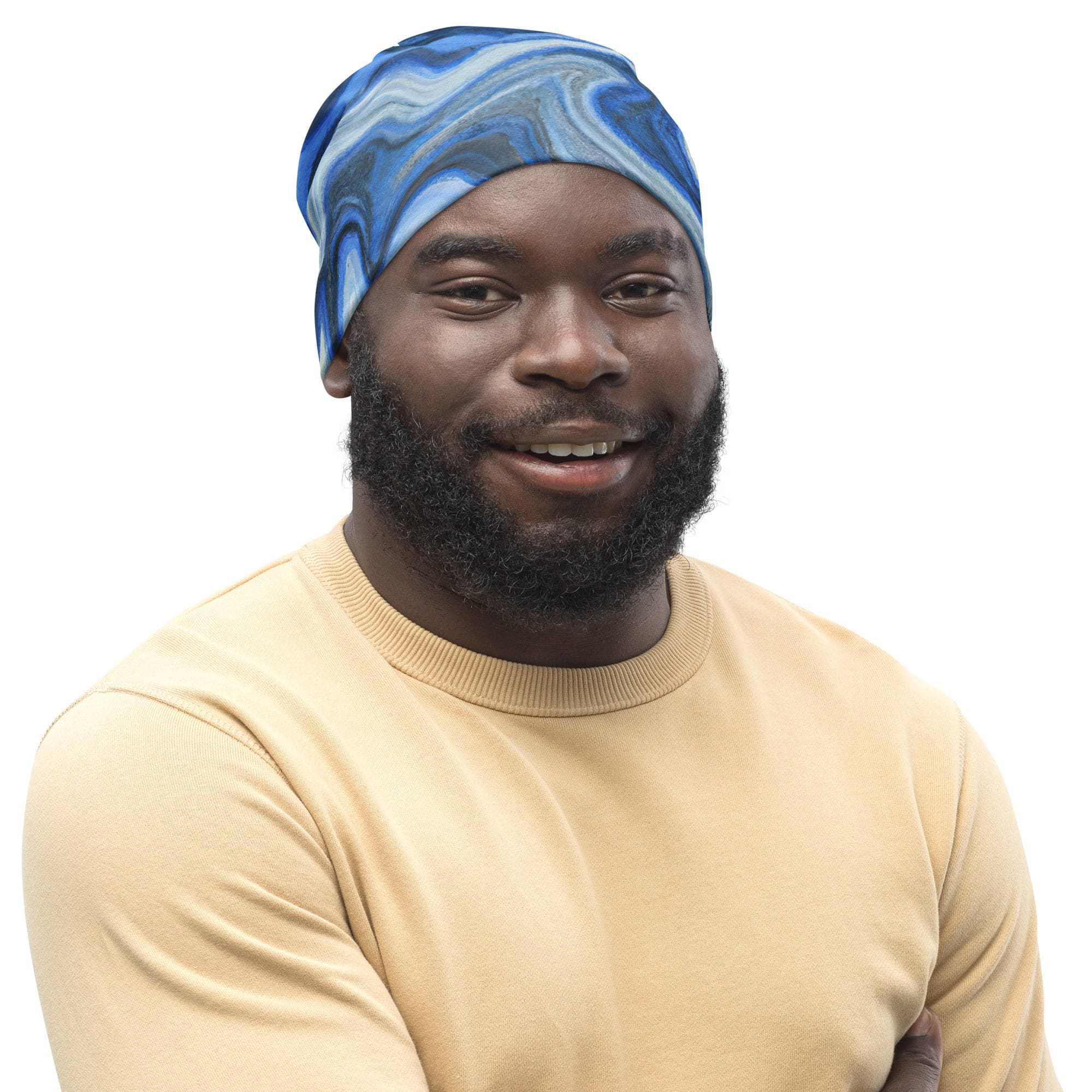 Double-layered beanie hat in blue grey marble print, showcasing its soft fabric and stylish design.