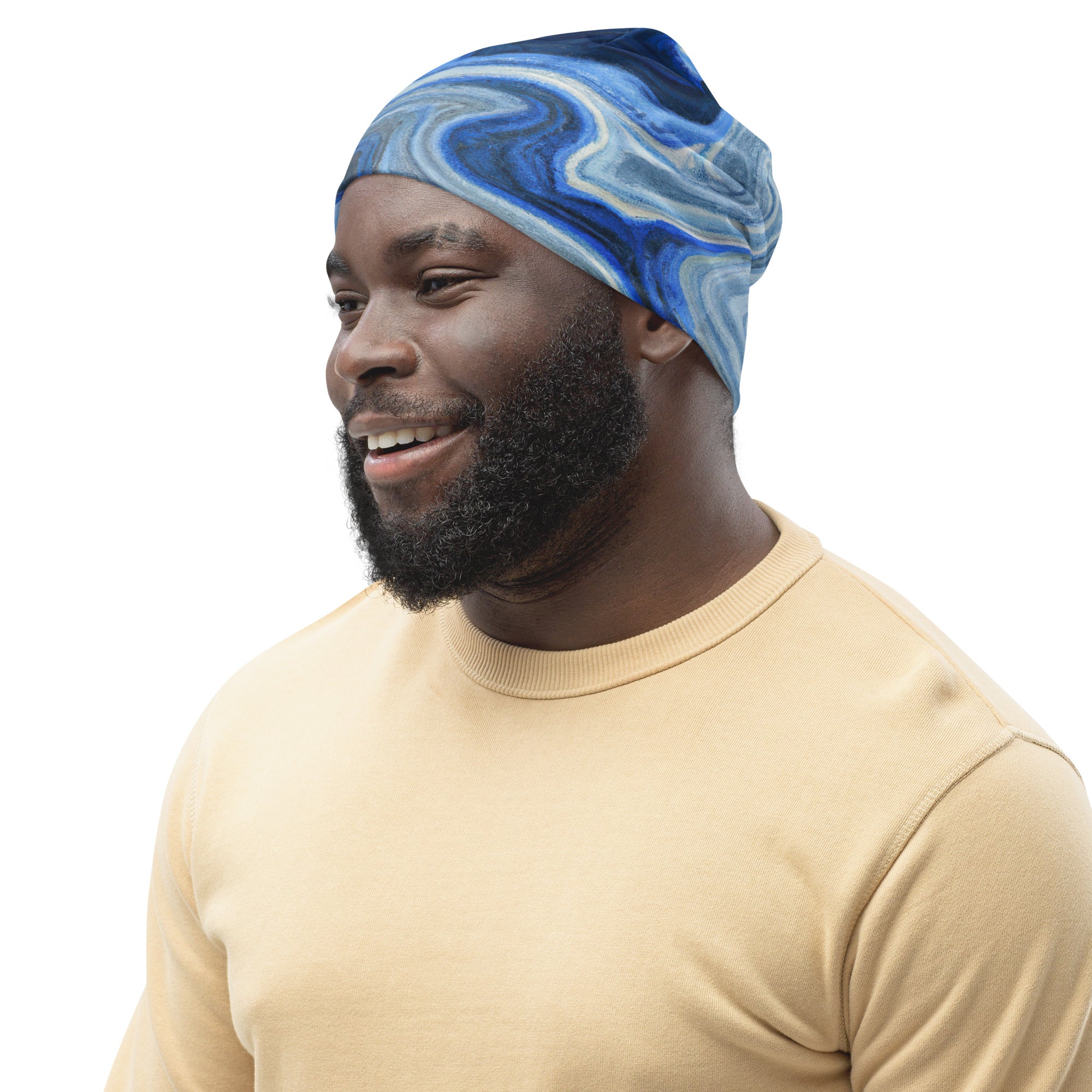 Double-layered beanie hat in blue grey marble print, showcasing its soft fabric and stylish design.
