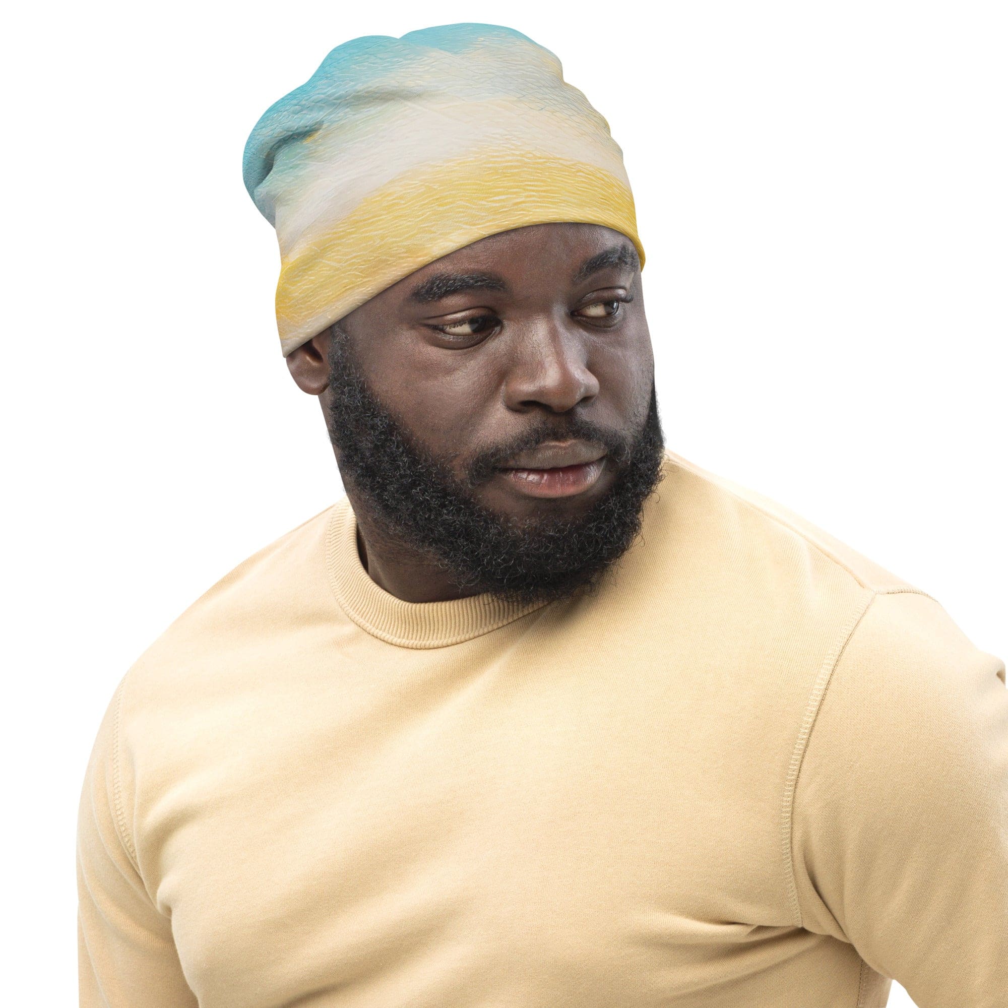 Double-layered beanie hat featuring a Blue Ocean Golden Sunset Print, showcasing vibrant colors and a soft texture.