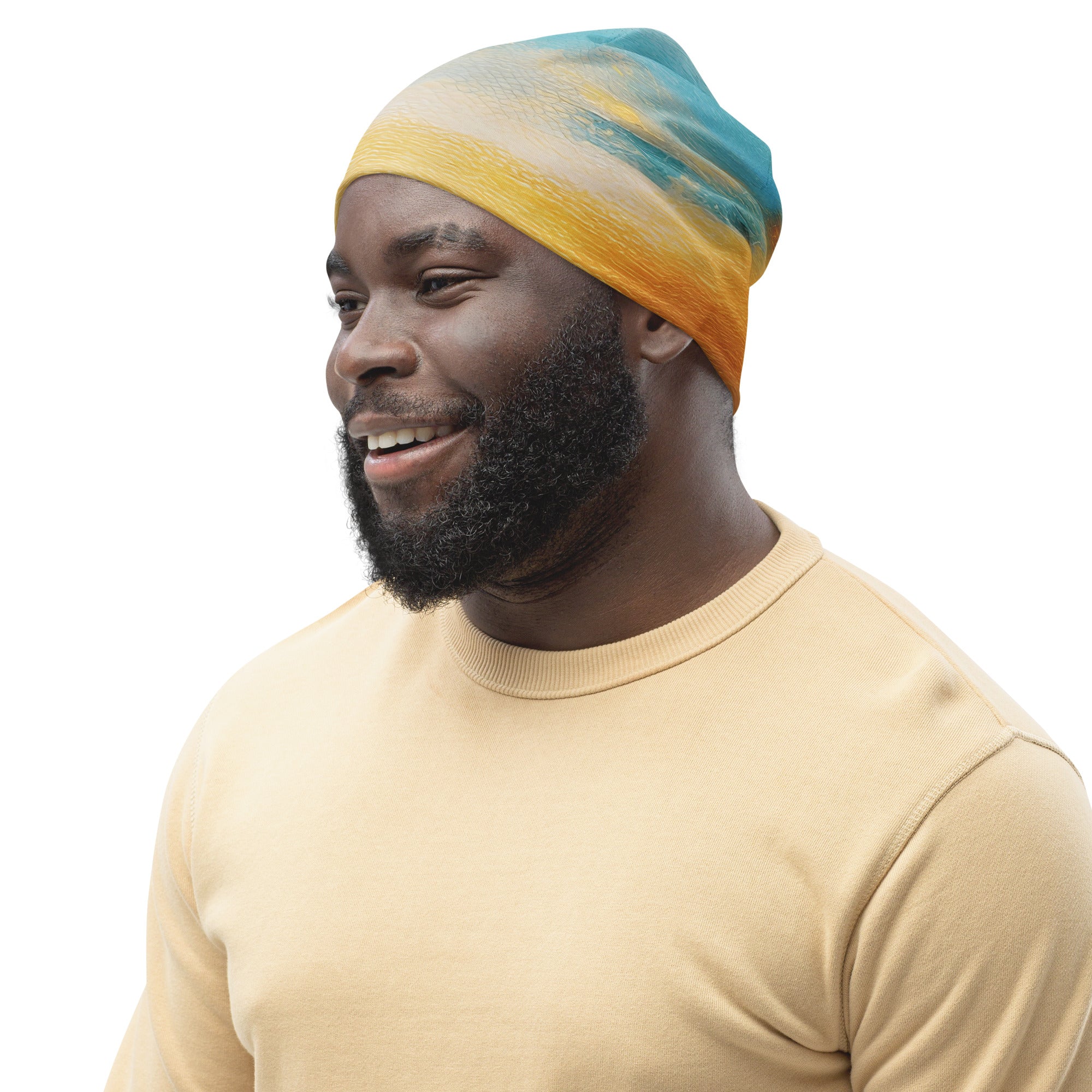 Double-layered beanie hat featuring a Blue Ocean Golden Sunset Print, showcasing vibrant colors and a soft texture.