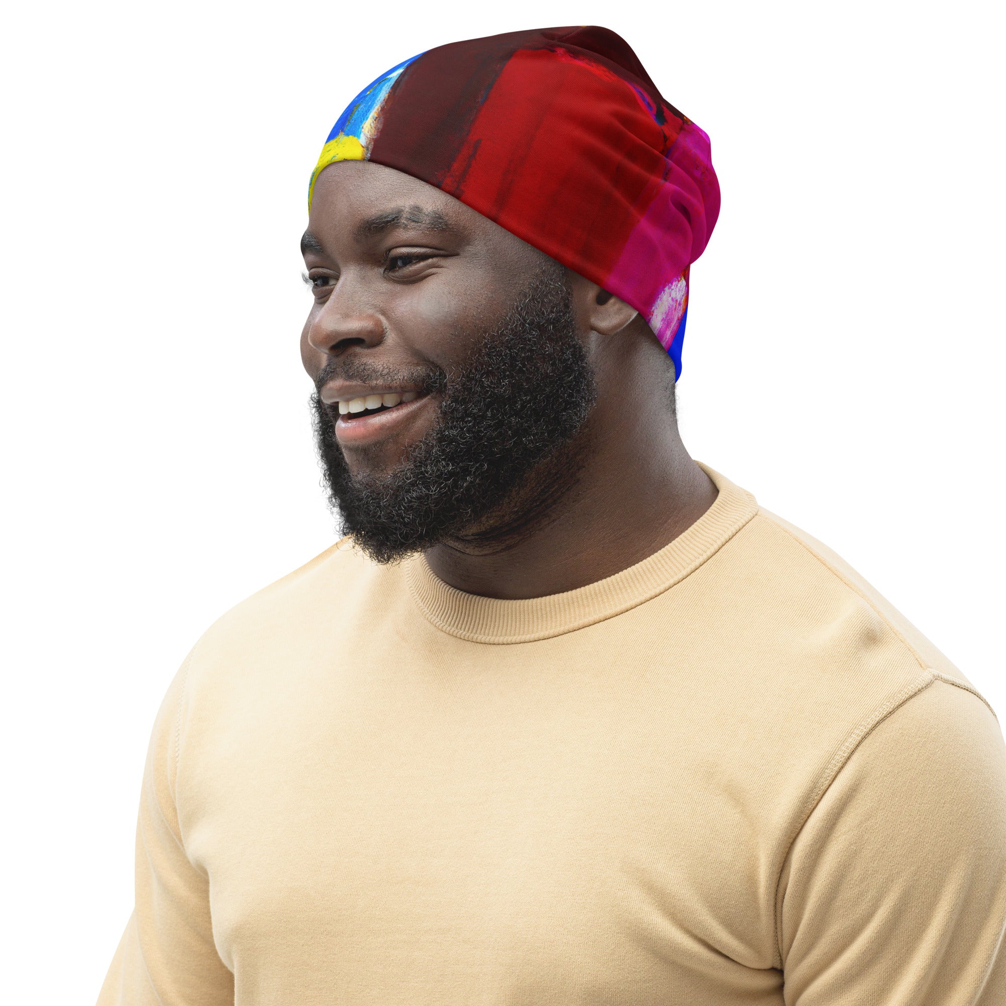 Double-layered beanie hat featuring a blue and red abstract pattern, designed for warmth and style.