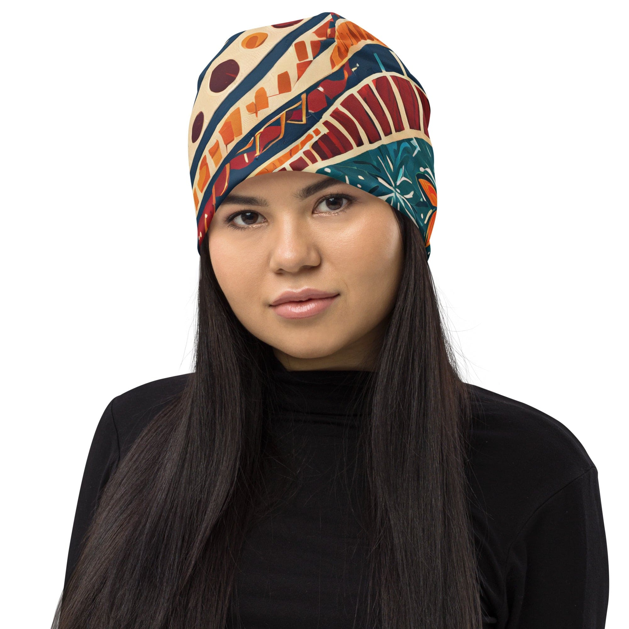Double-layered beanie hat featuring a vibrant boho floral tropical print, designed for warmth and style in all seasons.