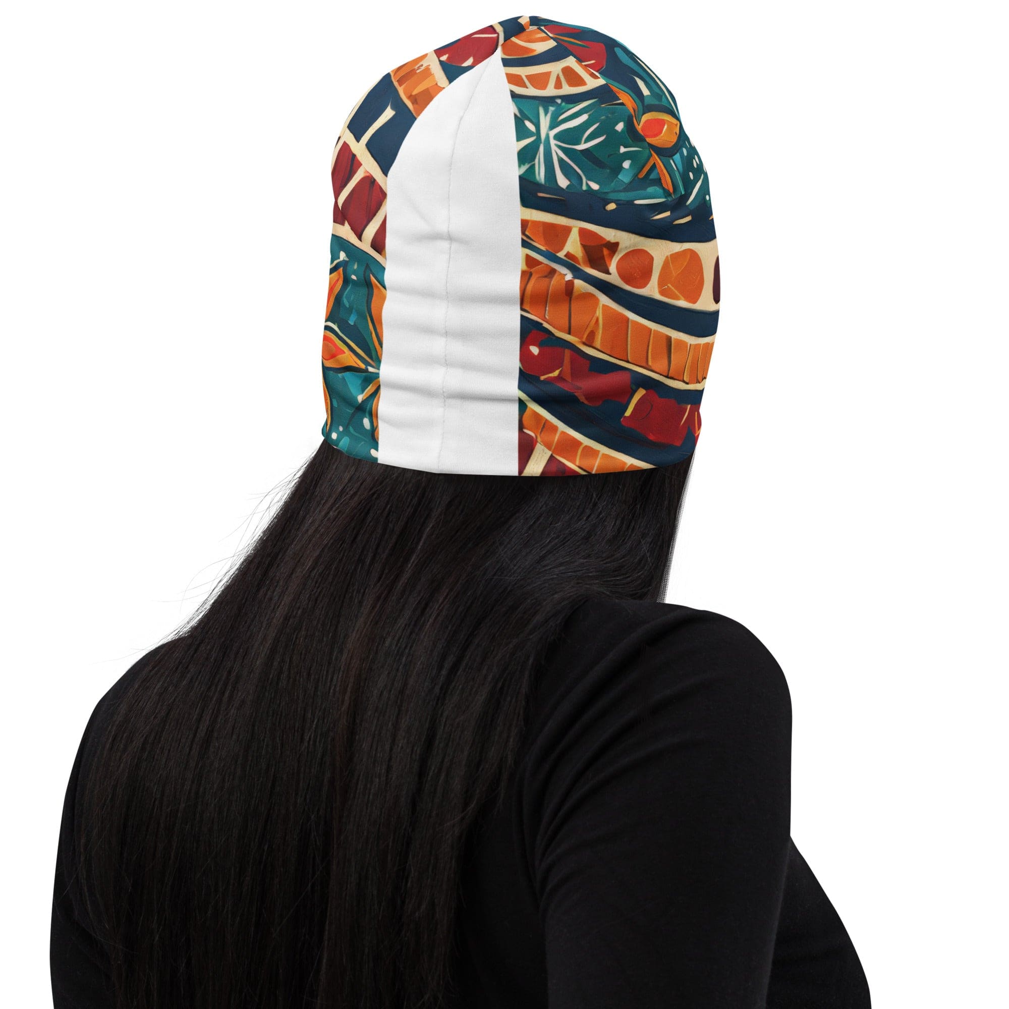 Double-layered beanie hat featuring a vibrant boho floral tropical print, designed for warmth and style in all seasons.