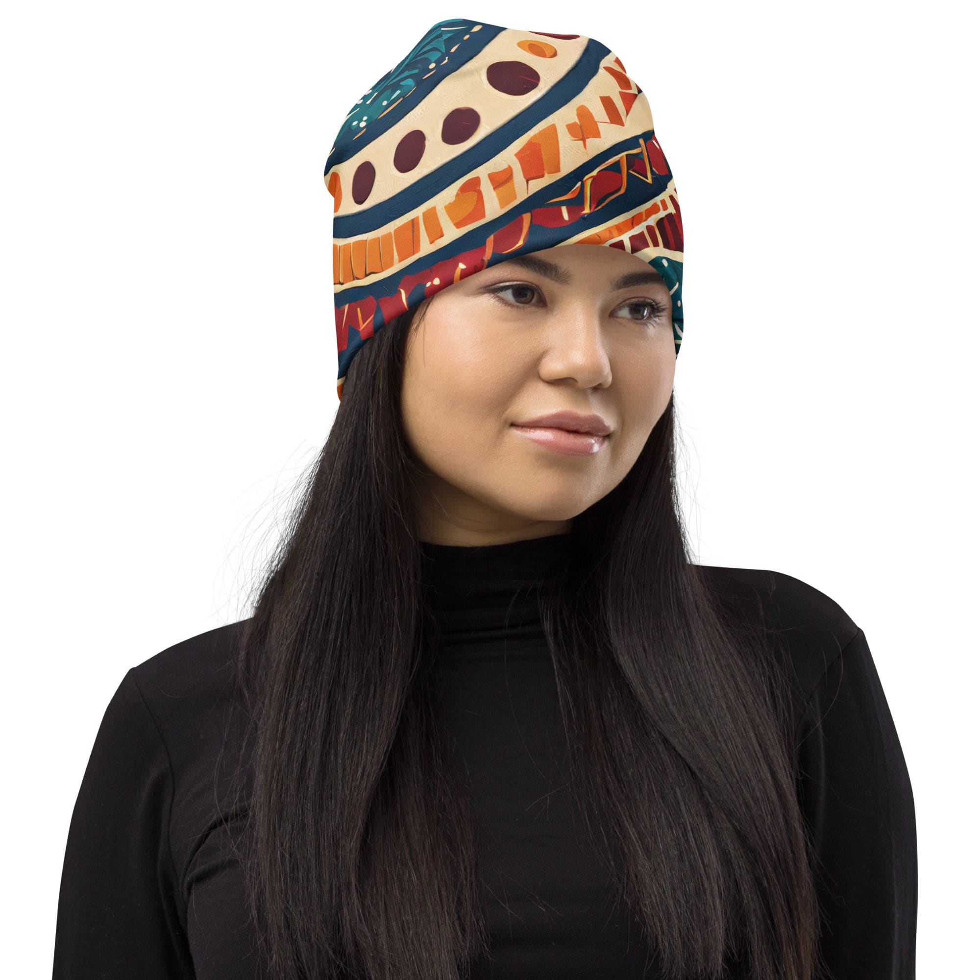 Double-layered beanie hat featuring a vibrant boho floral tropical print, designed for warmth and style in all seasons.