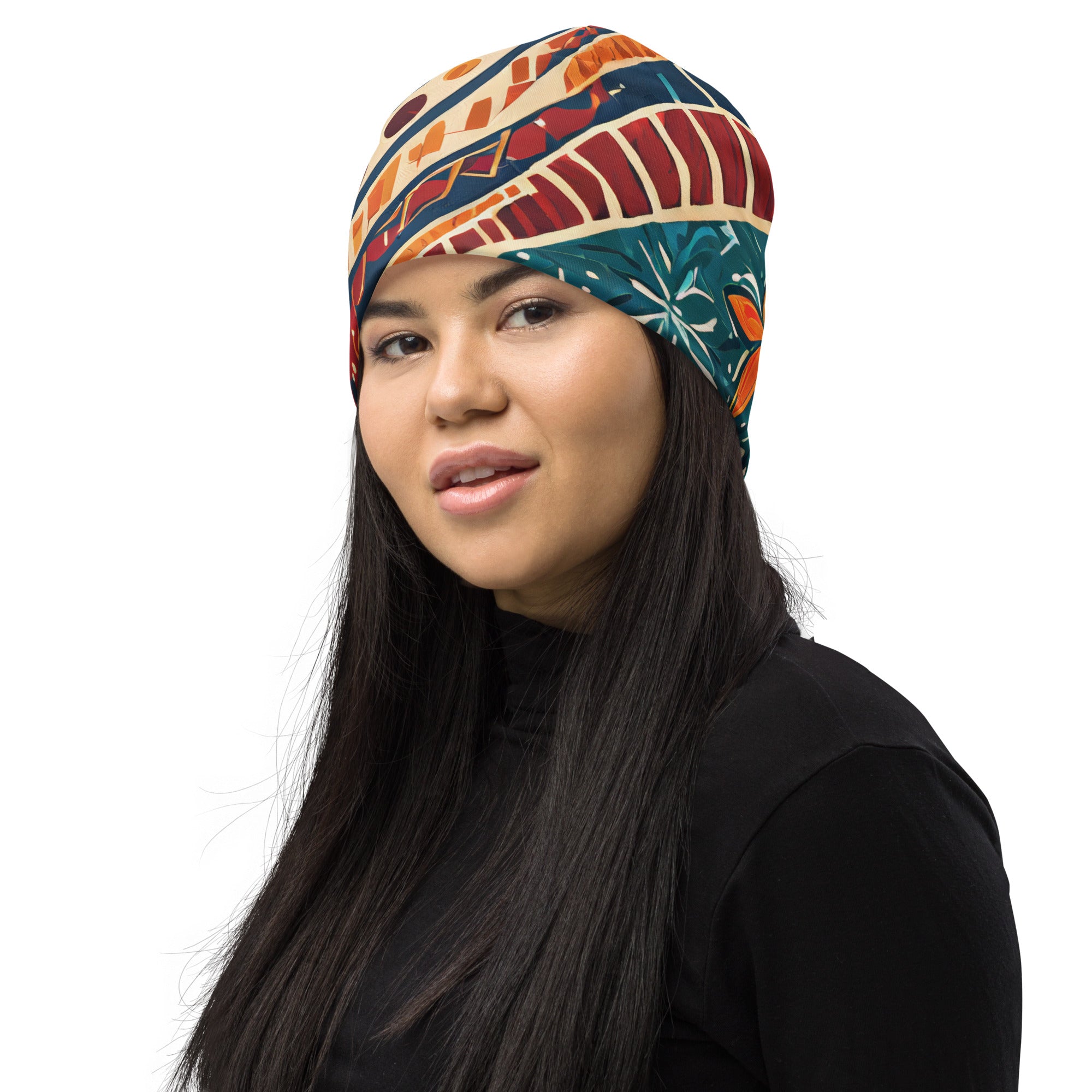 Double-layered beanie hat featuring a vibrant boho floral tropical print, designed for warmth and style in all seasons.