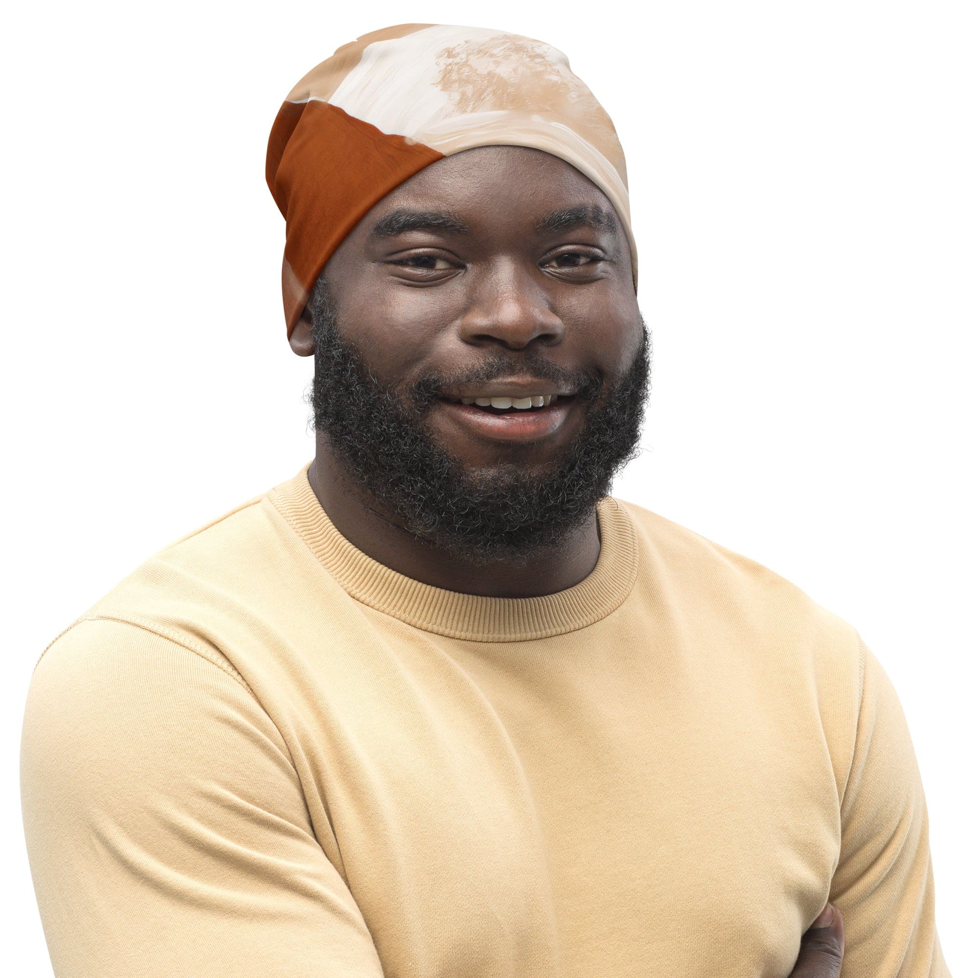 Double-layered beanie hat featuring a boho watercolor print, showcasing vibrant colors and a soft texture, perfect for winter and spring wear.