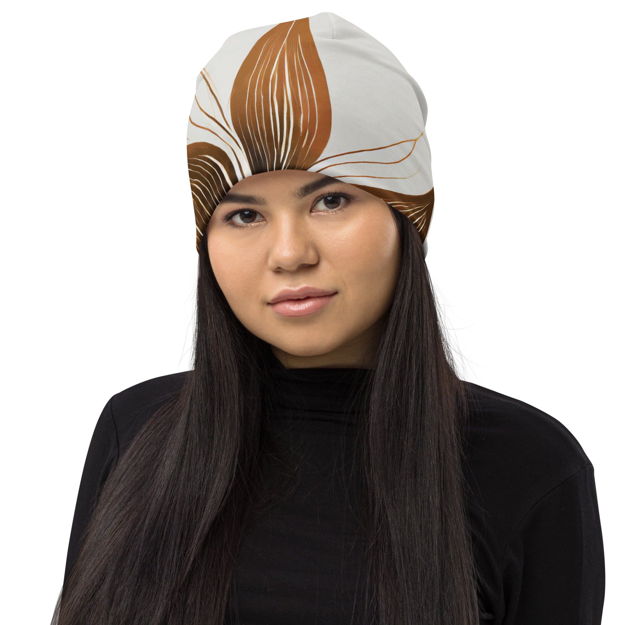 Double-layered beanie hat in brown with floral lines design, perfect for winter and stylish outfits.