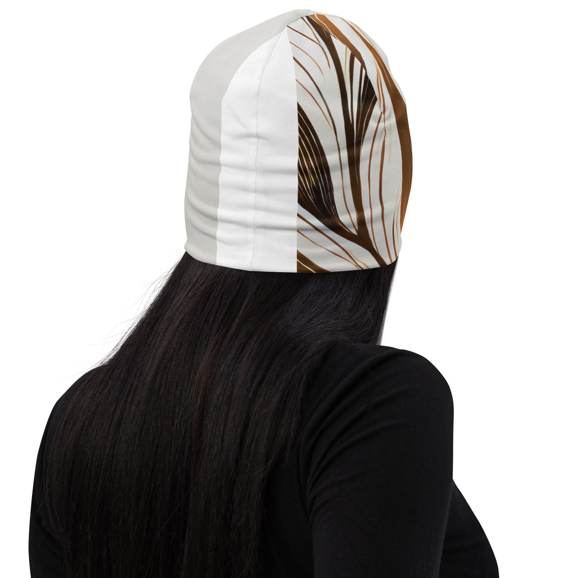 Double-layered beanie hat in brown with floral lines design, perfect for winter and stylish outfits.