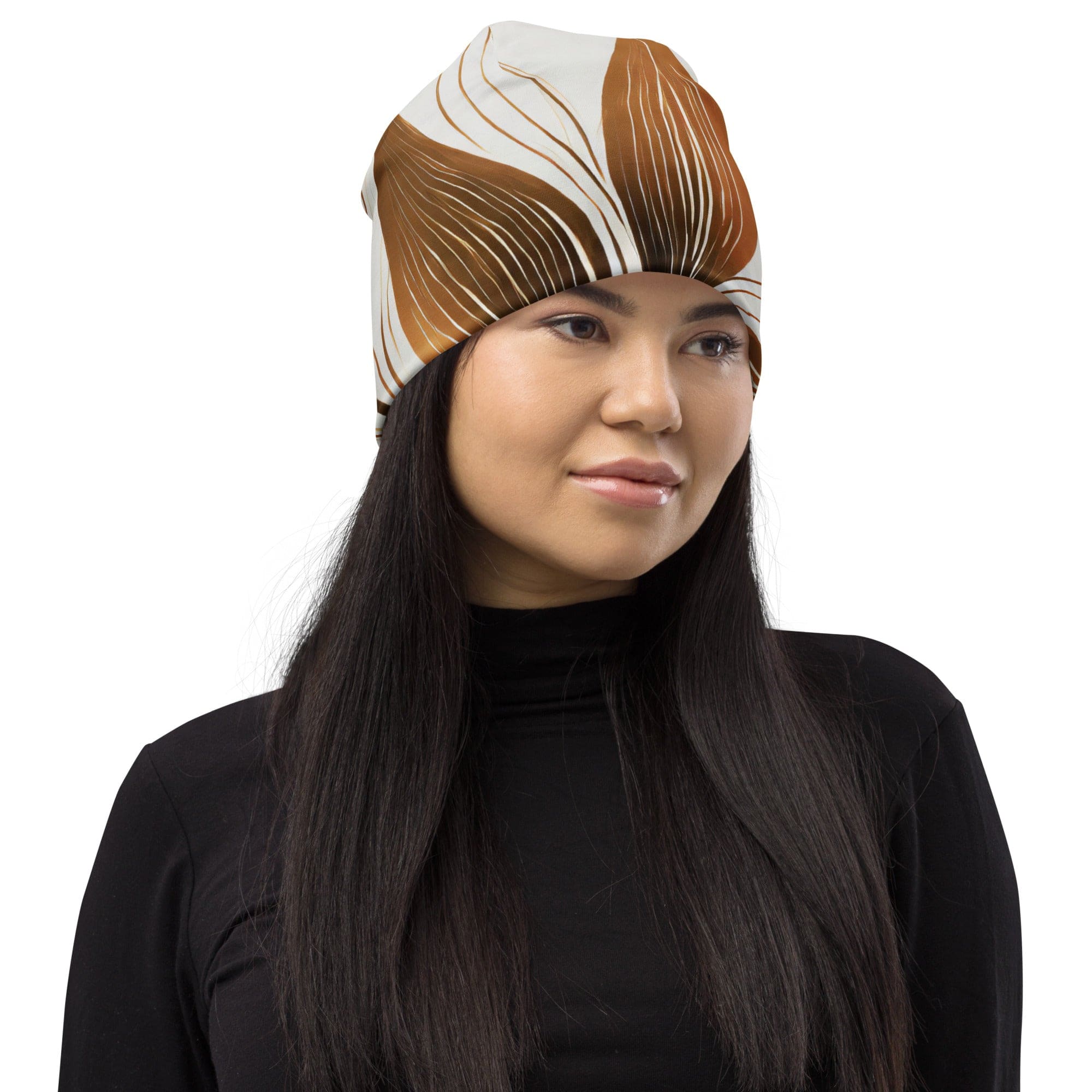 Double-layered beanie hat in brown with floral lines design, perfect for winter and stylish outfits.
