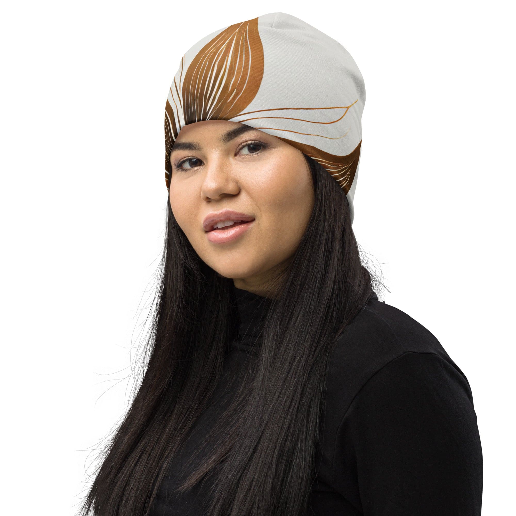 Double-layered beanie hat in brown with floral lines design, perfect for winter and stylish outfits.