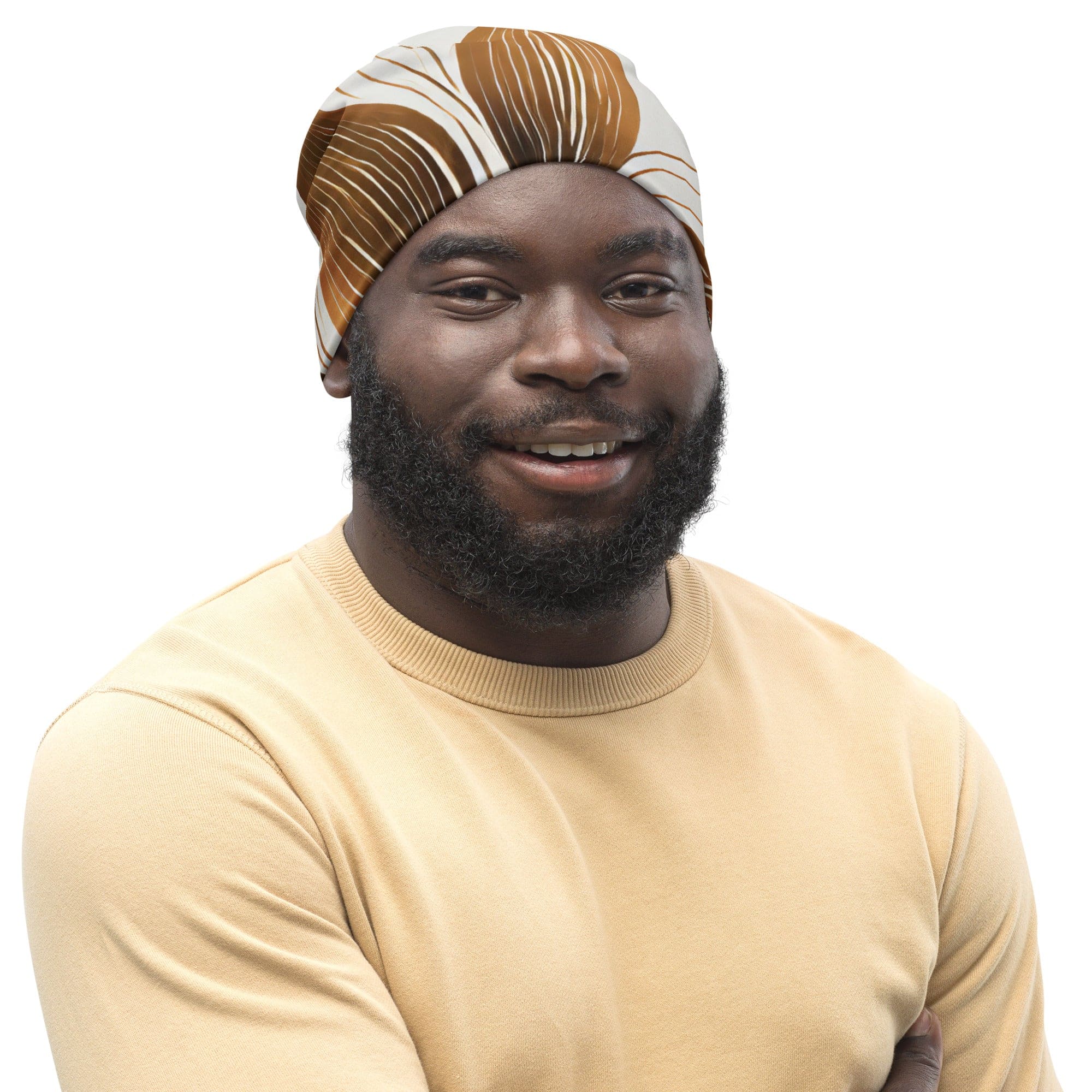 Double-layered beanie hat in brown with floral lines, showcasing a stylish and warm design for all seasons.