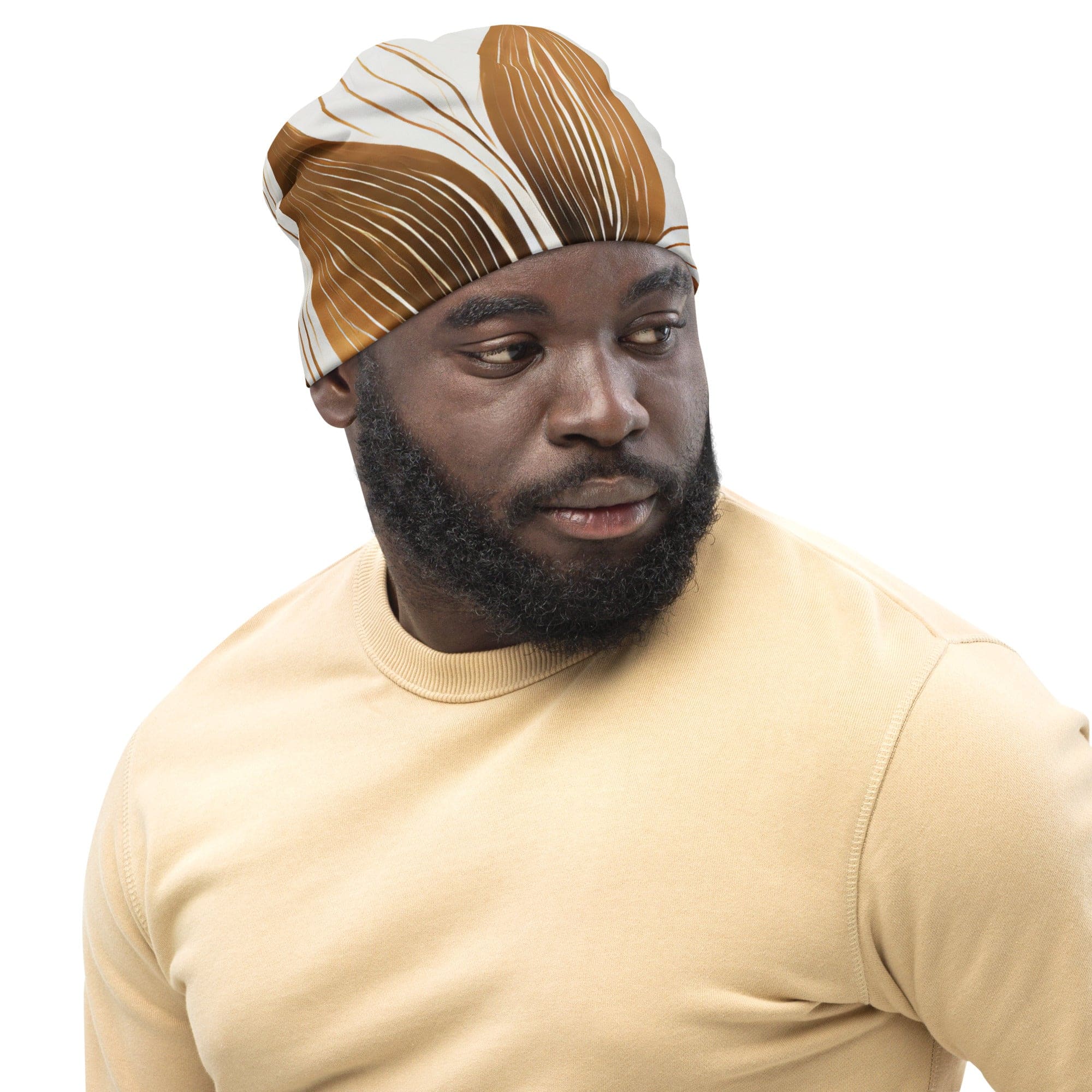 Double-layered beanie hat in brown with floral lines, showcasing a stylish and warm design for all seasons.