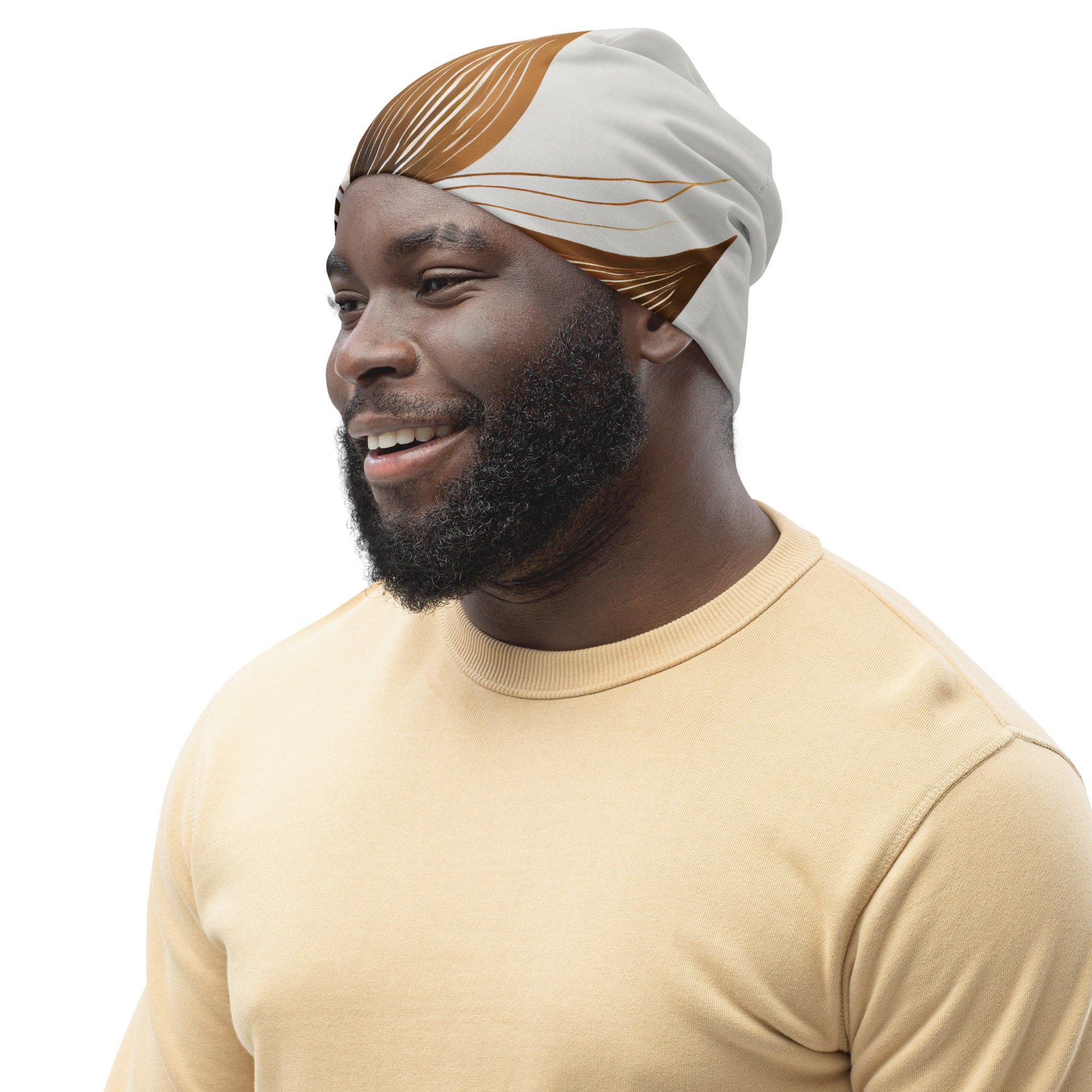 Double-layered beanie hat in brown with floral lines, showcasing a stylish and warm design for all seasons.