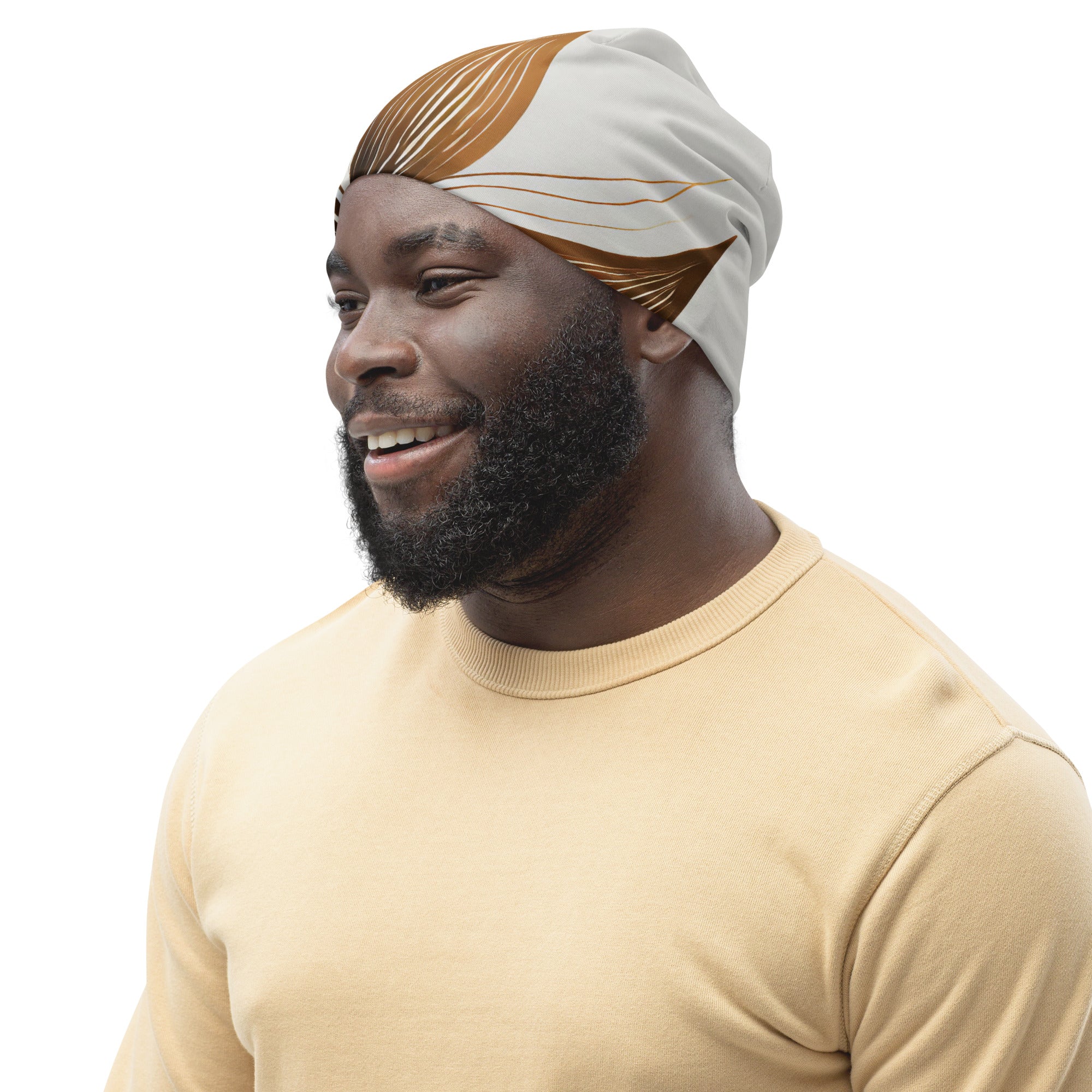 Double-layered beanie hat in brown with floral lines, showcasing a stylish and warm design for all seasons.