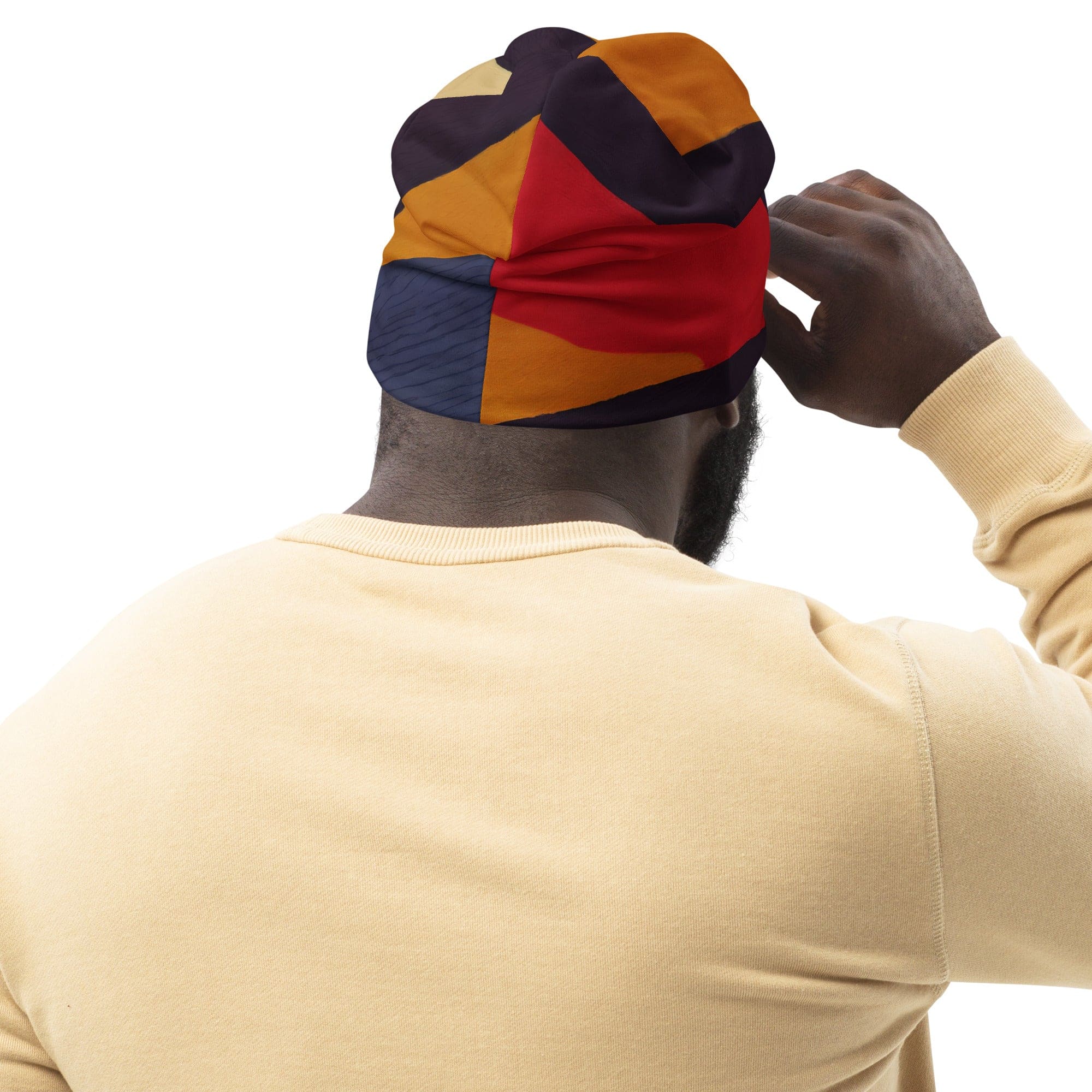 Double-layered beanie hat featuring brown, red, and blue colorblock lines, perfect for winter and stylish outfits.