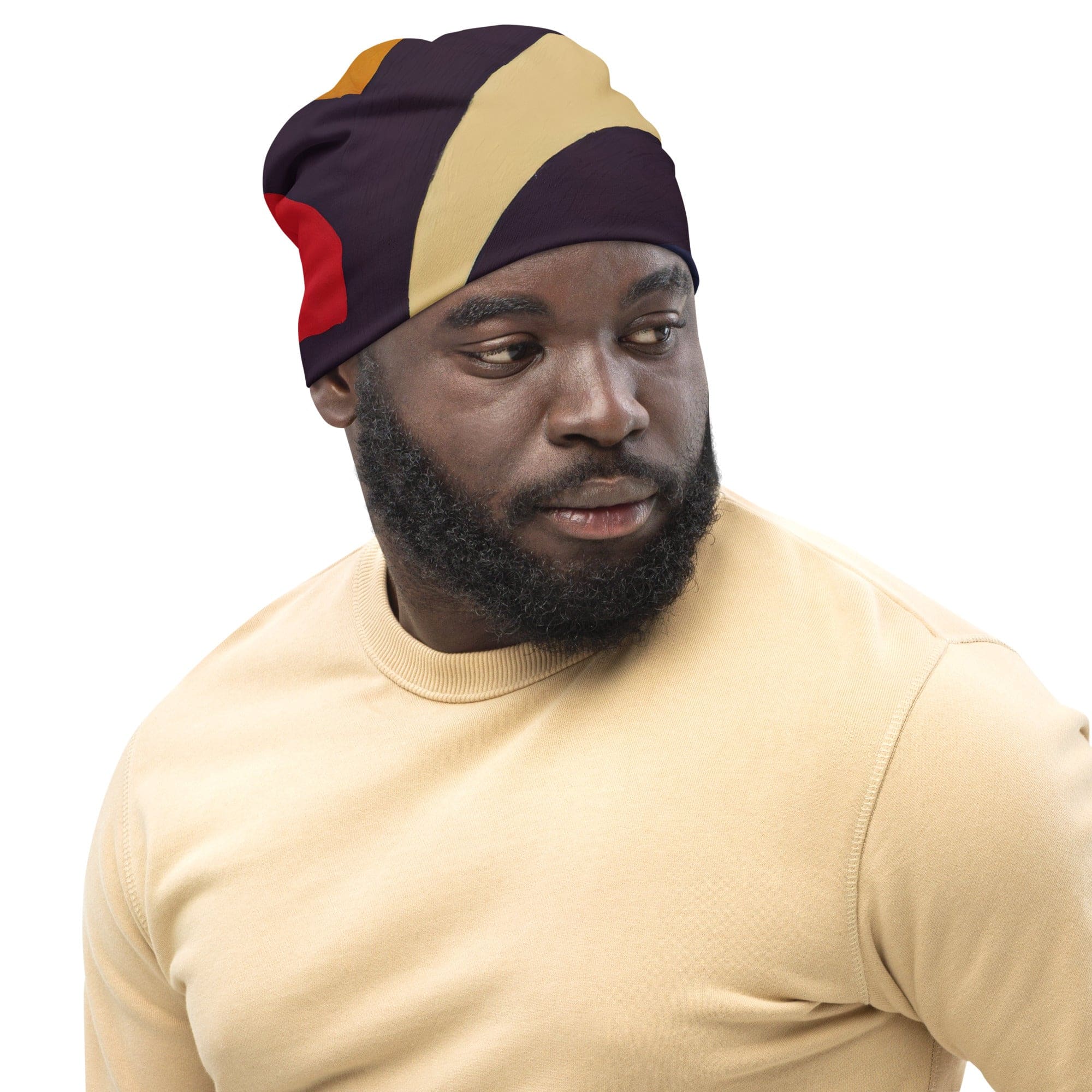 Double-layered beanie hat featuring brown, red, and blue colorblock lines, perfect for winter and stylish outfits.