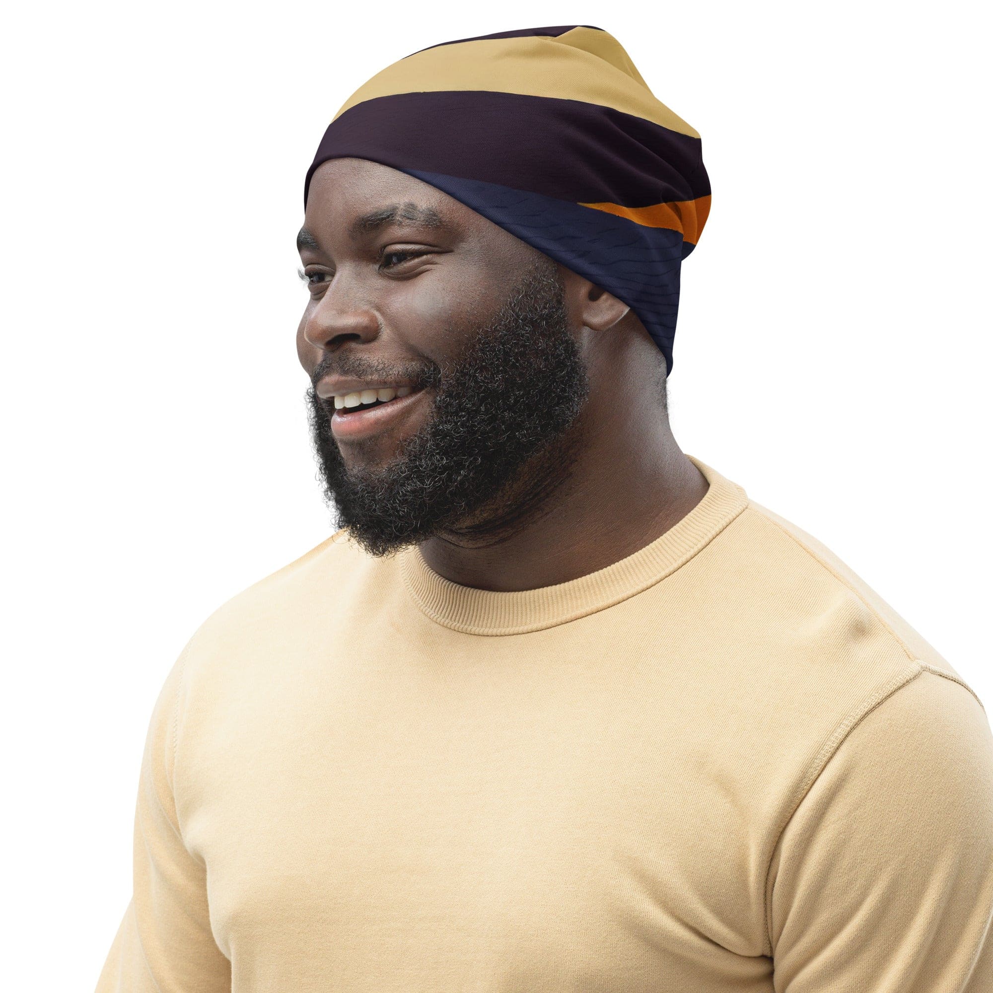 Double-layered beanie hat featuring brown, red, and blue colorblock lines, perfect for winter and stylish outfits.