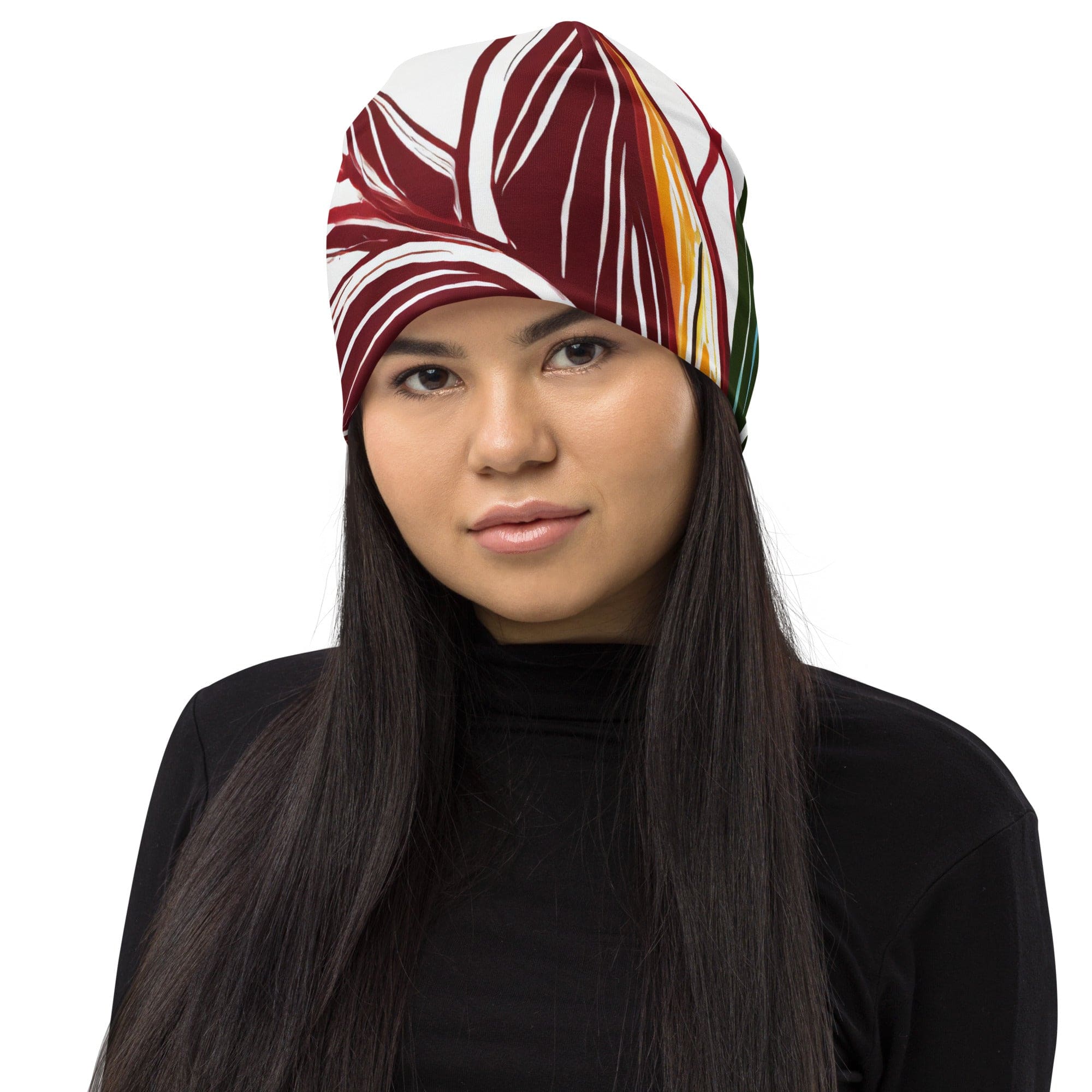 Double-layered beanie hat featuring colorful floral lines, perfect for winter and spring wear.