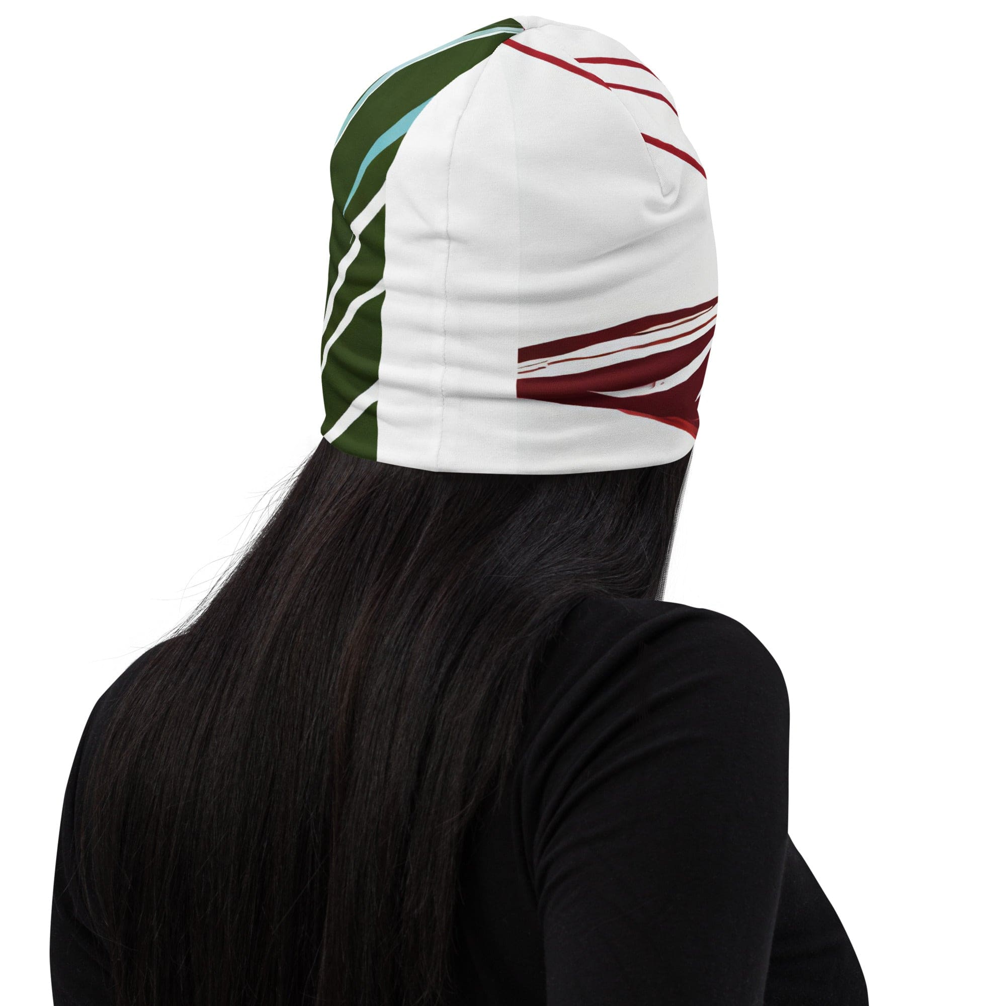 Double-layered beanie hat featuring colorful floral lines, perfect for winter and spring wear.