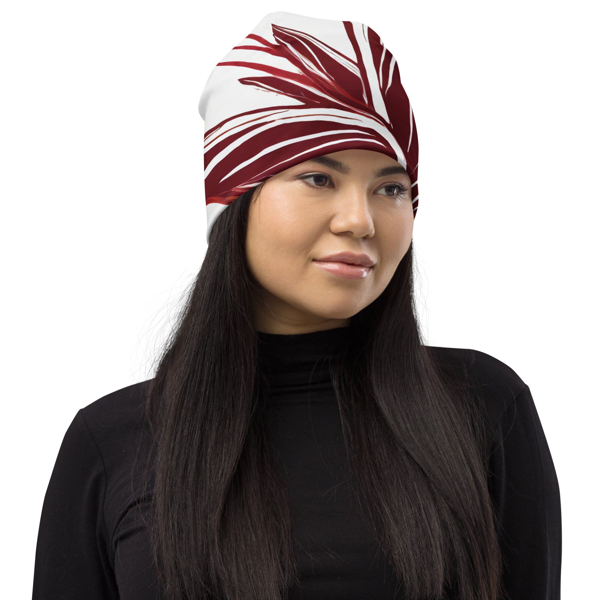 Double-layered beanie hat featuring colorful floral lines, perfect for winter and spring wear.