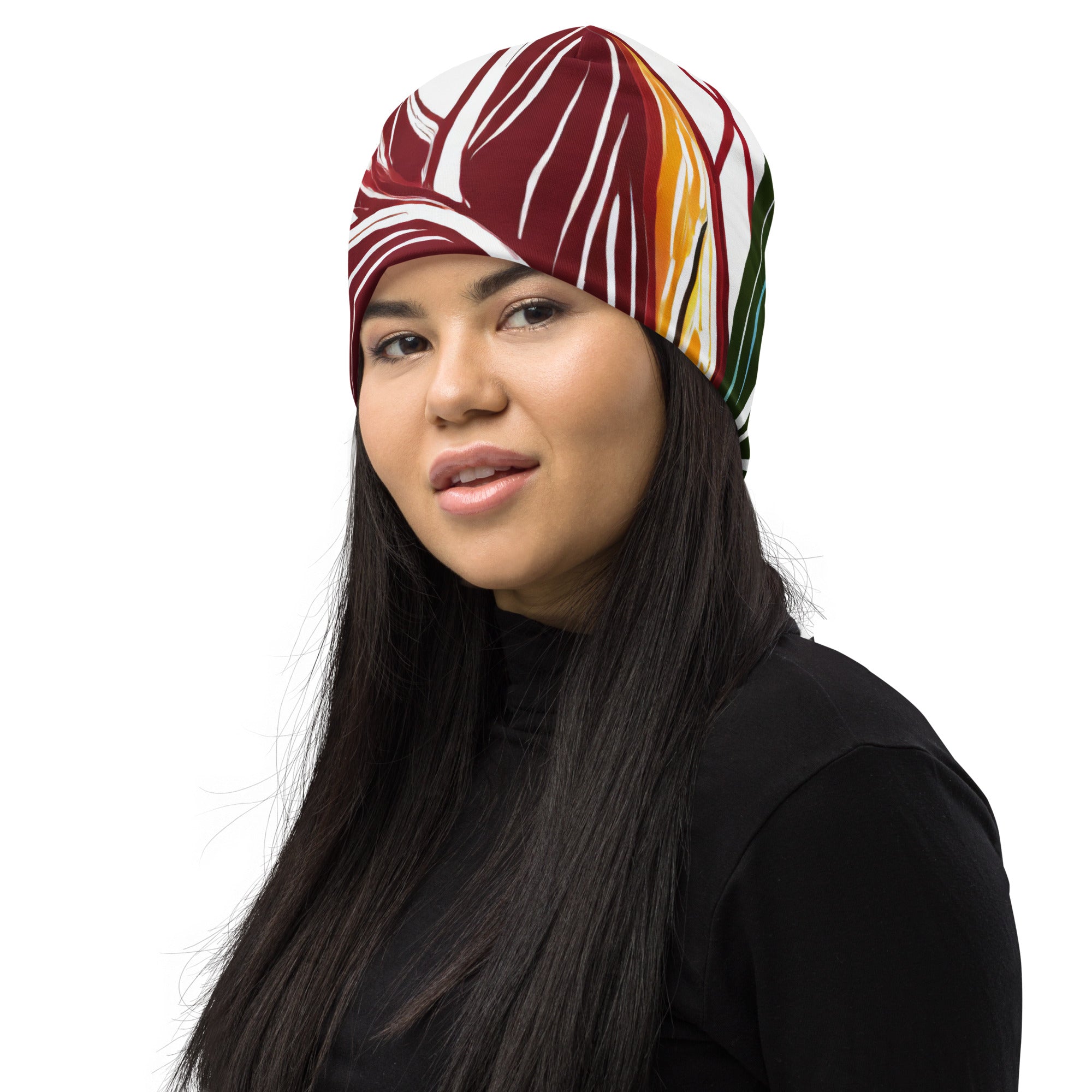 Double-layered beanie hat featuring colorful floral lines, perfect for winter and spring wear.