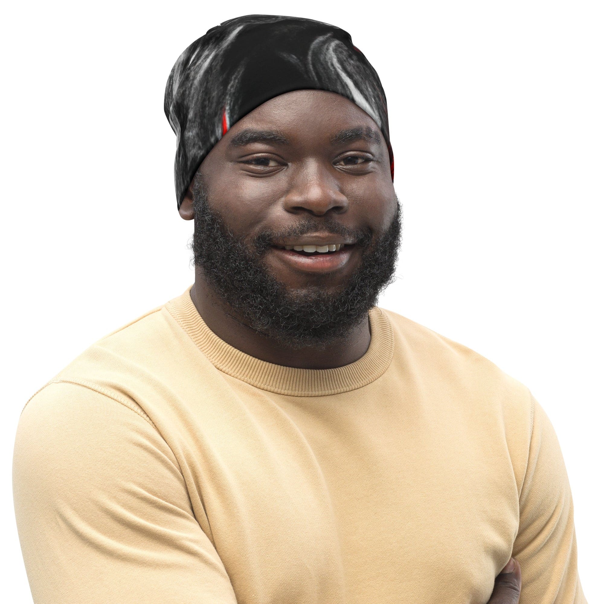 Double-layered beanie hat in black, red, and white abstract design, showcasing a seamless pattern for warmth and style.