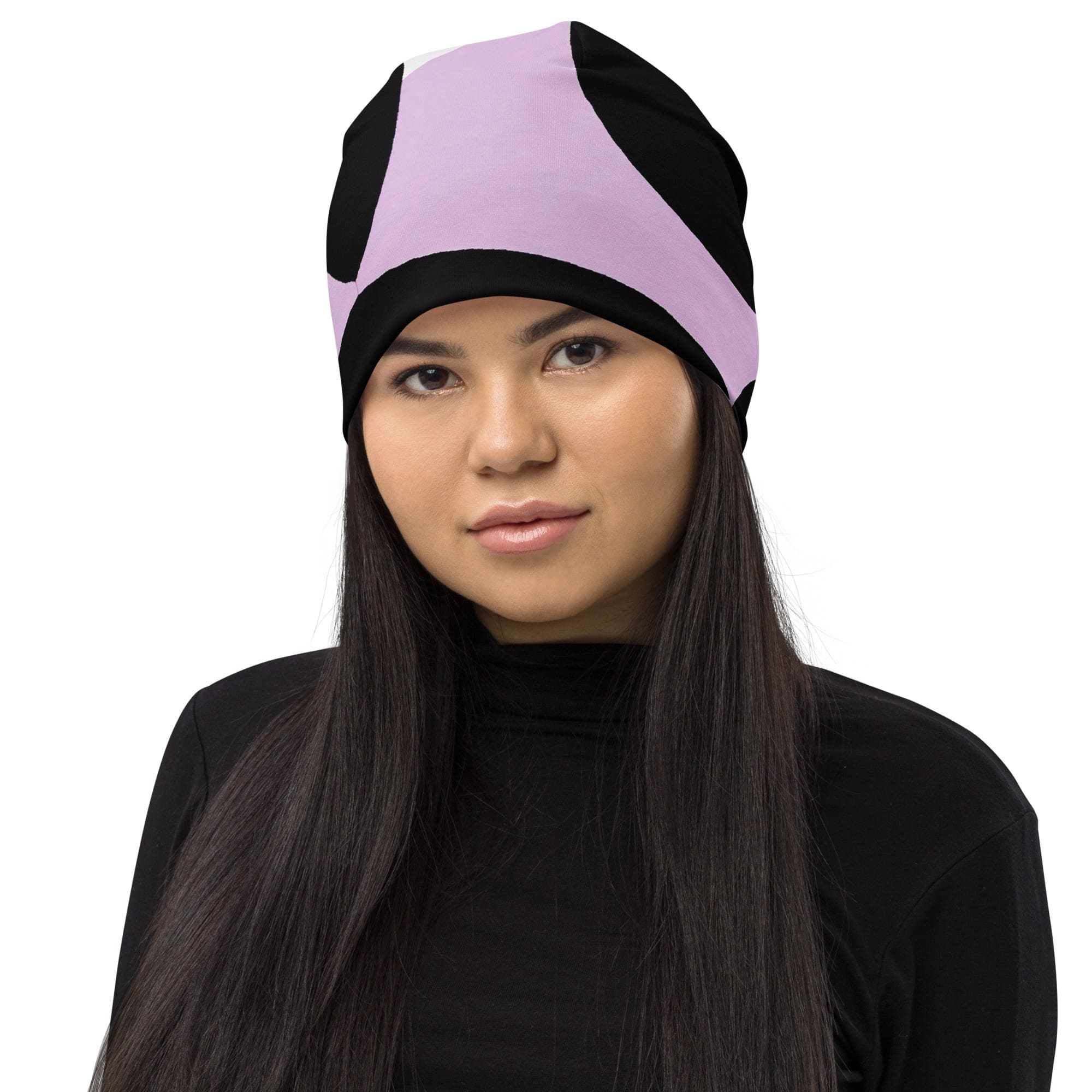 Double-layered beanie hat featuring a geometric lavender and black pattern, perfect for winter and spring wear.