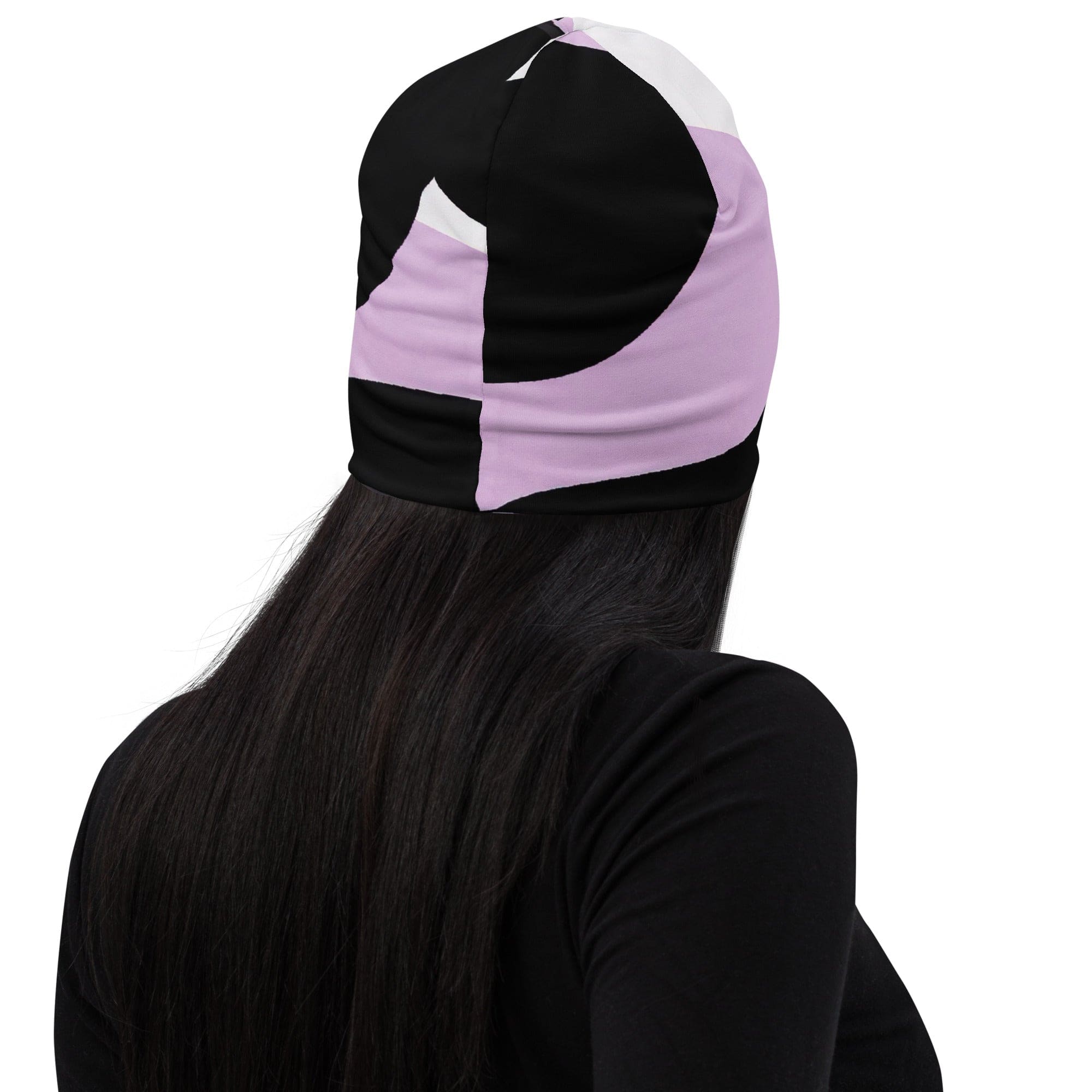Double-layered beanie hat featuring a geometric lavender and black pattern, perfect for winter and spring wear.