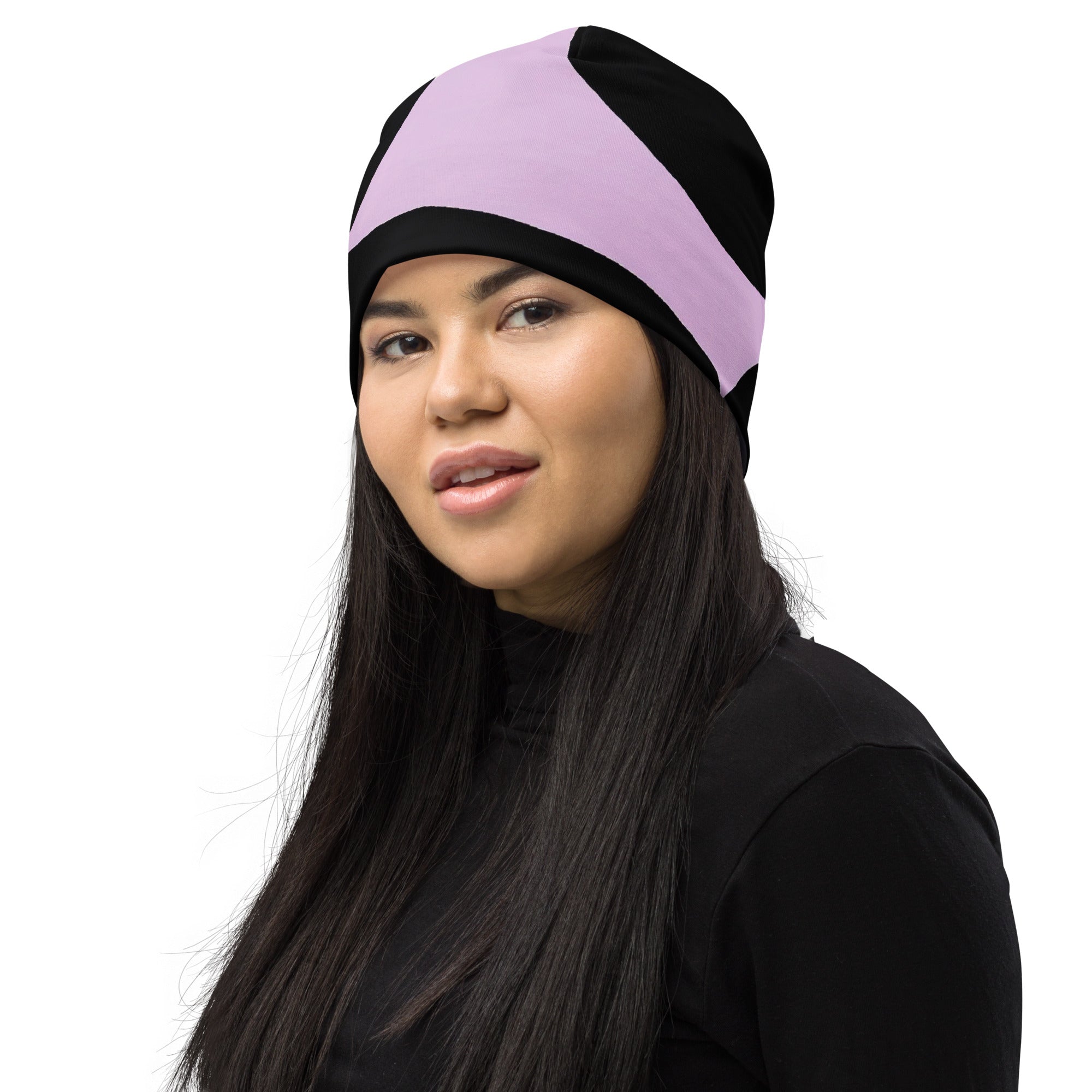 Double-layered beanie hat featuring a geometric lavender and black pattern, perfect for winter and spring wear.