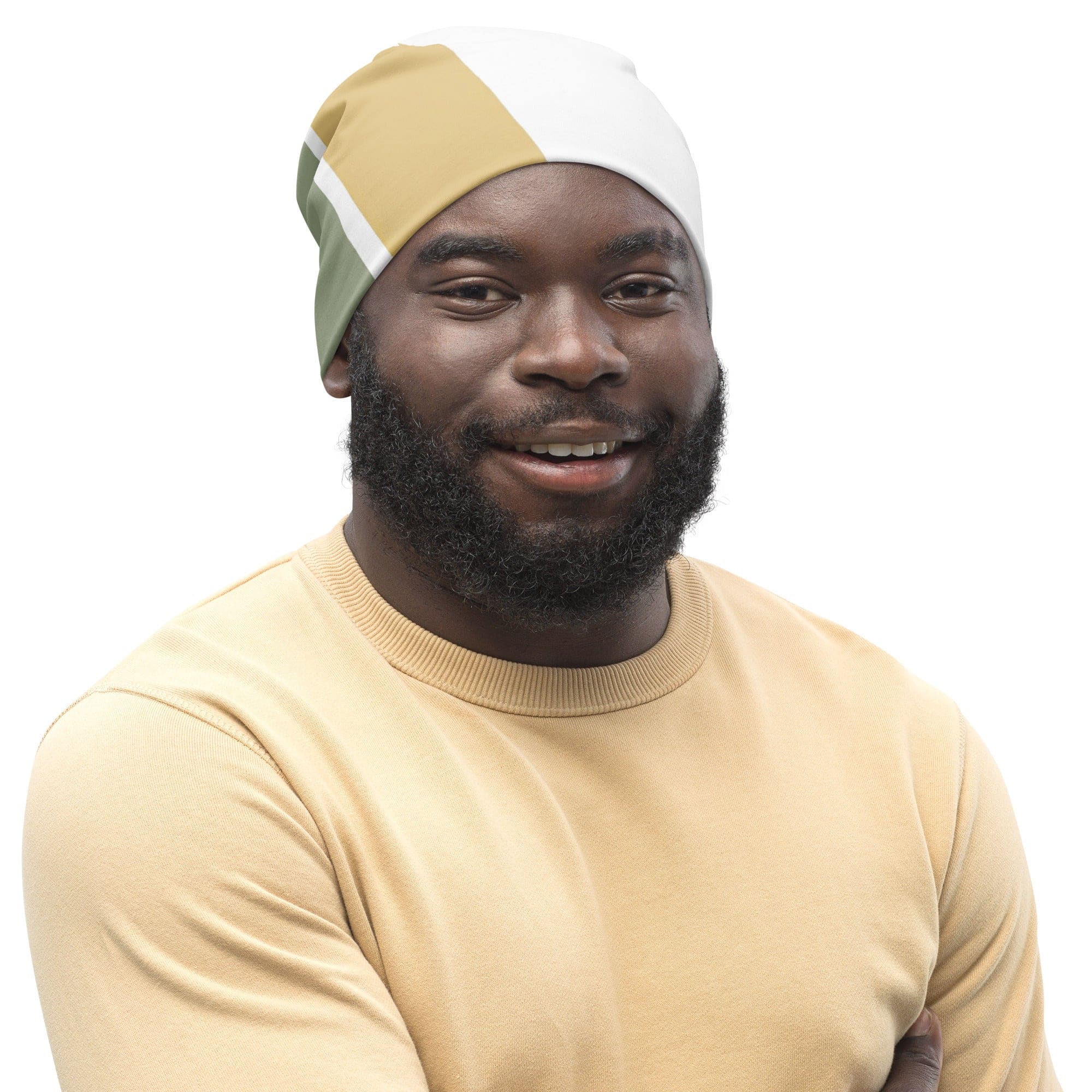 Double-layered beanie hat in green with an abstract geometric pattern, showcasing its soft fabric and stylish design.