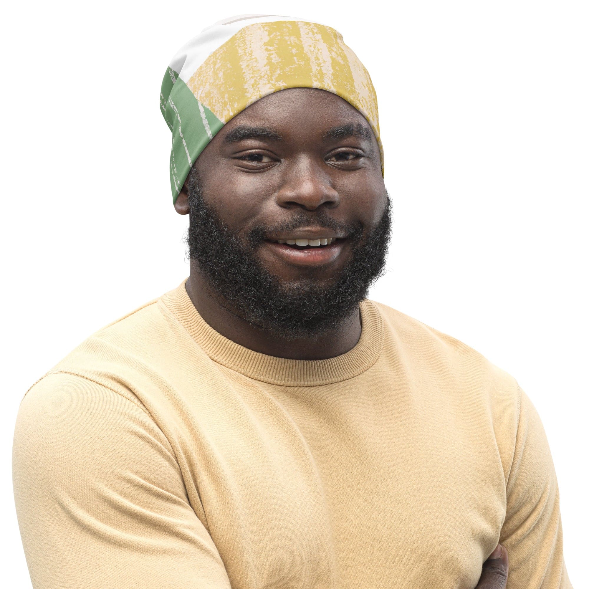 Double-layered green beanie hat with textured boho pattern, showcasing its soft fabric and stylish design.