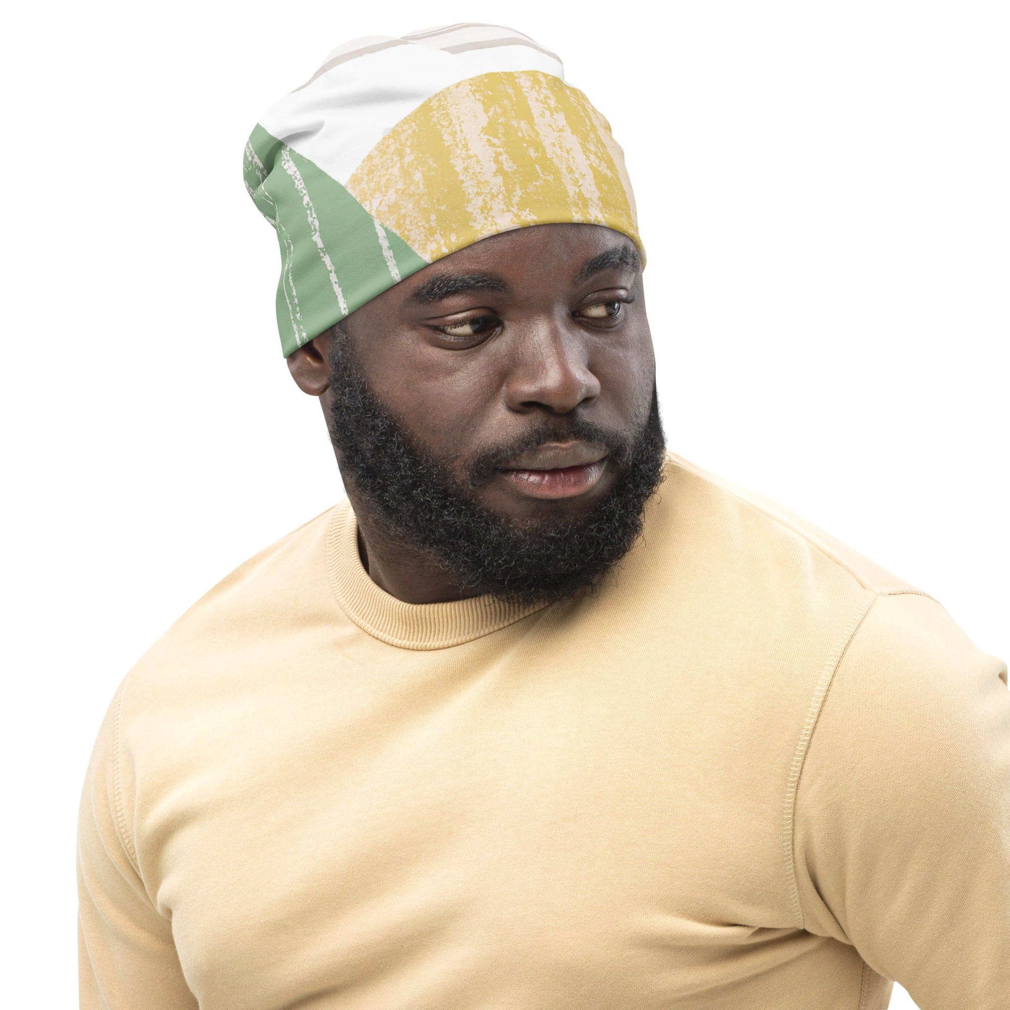 Double-layered green beanie hat with textured boho pattern, showcasing its soft fabric and stylish design.