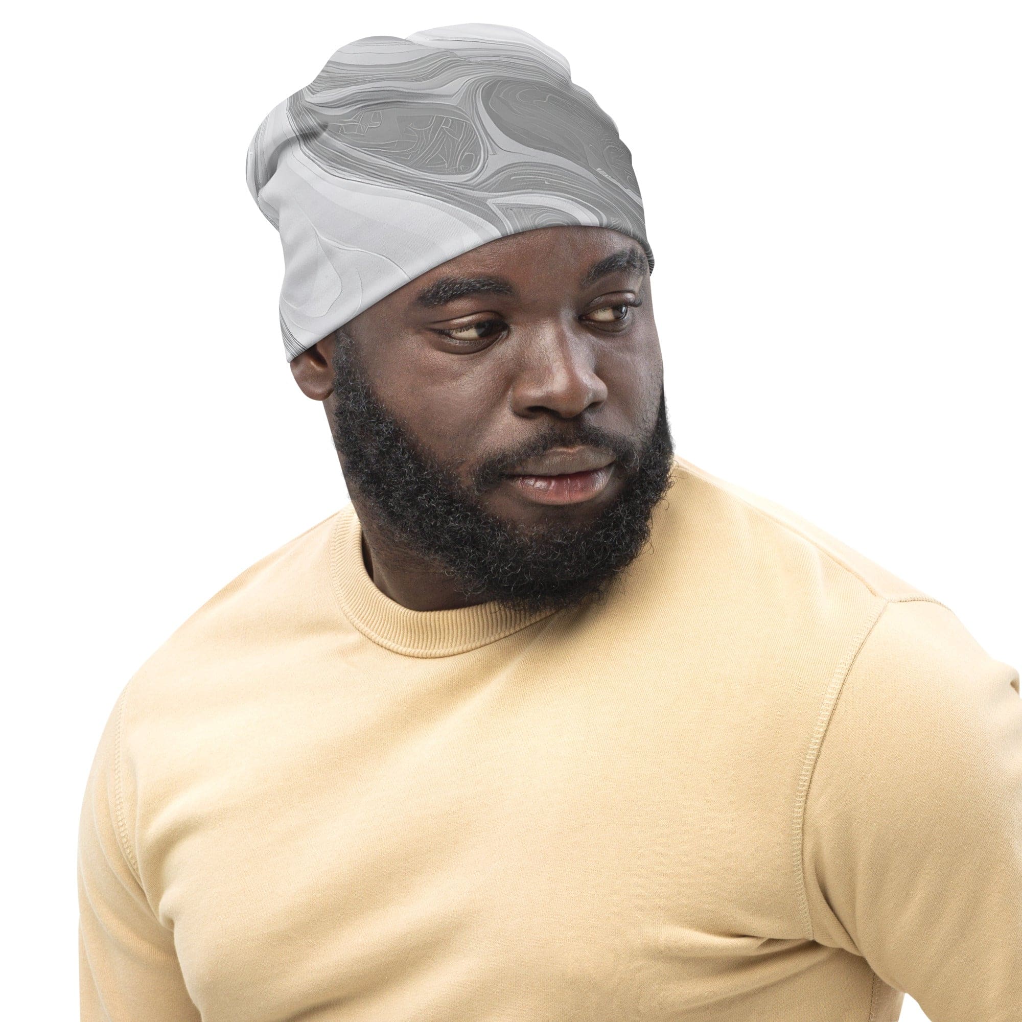 Double-layered beanie hat in grey and white boho marble print, showcasing its stylish design and soft fabric.