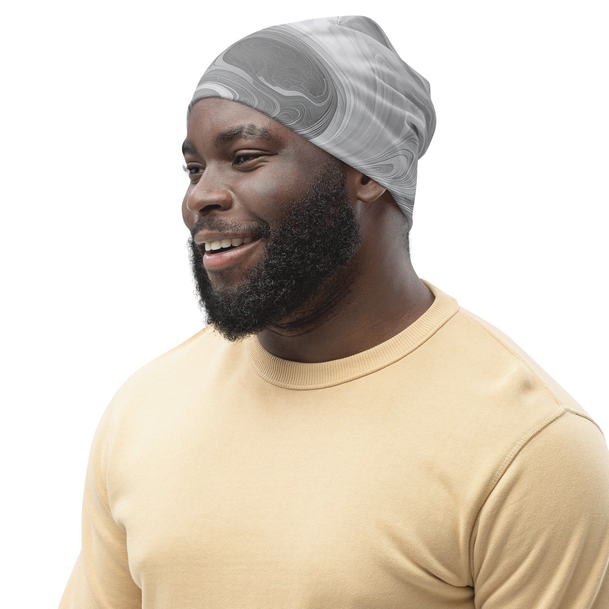 Double-layered beanie hat in grey and white boho marble print, showcasing its stylish design and soft fabric.