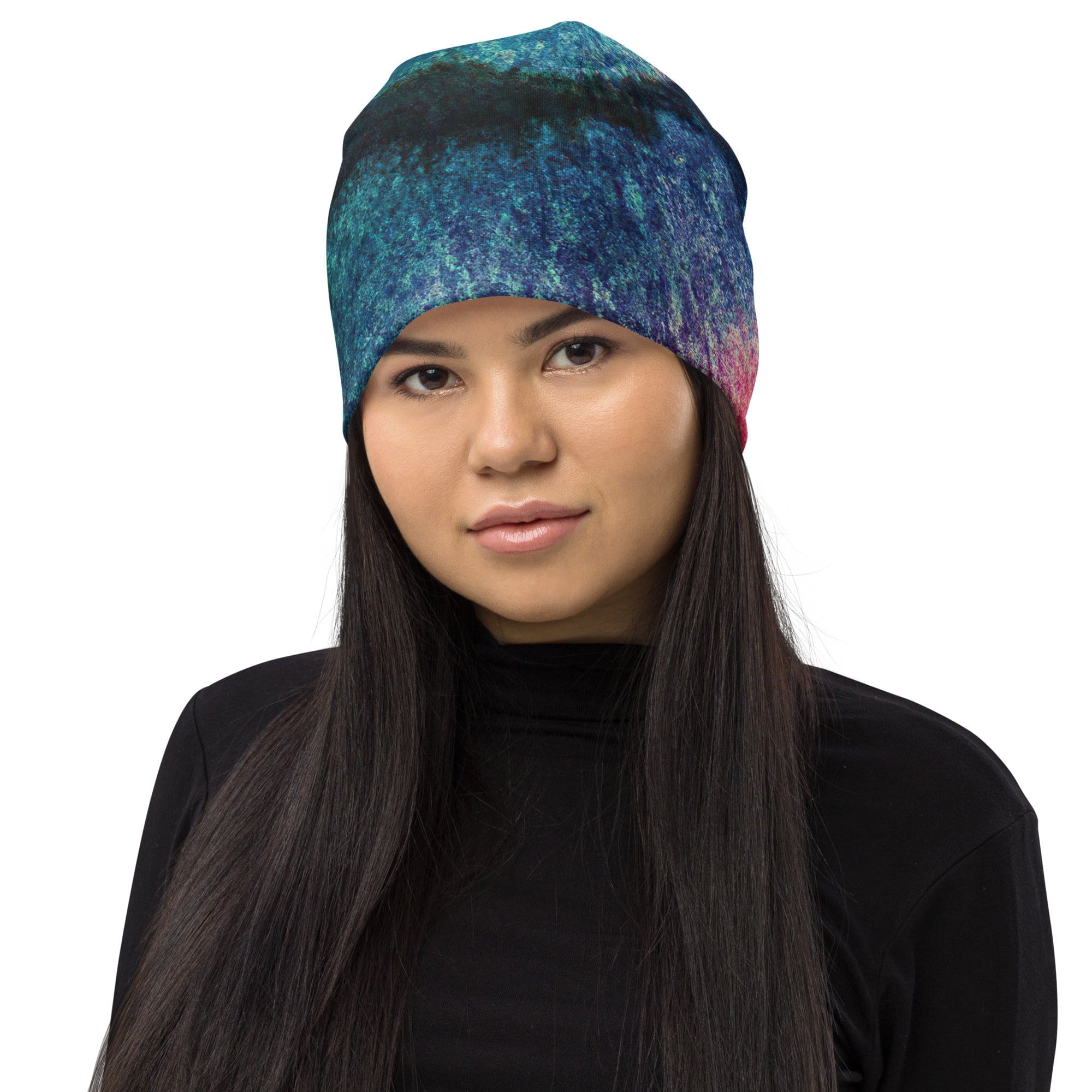 Double-layered beanie hat featuring a multicolor abstract pattern, perfect for winter and stylish outfits.