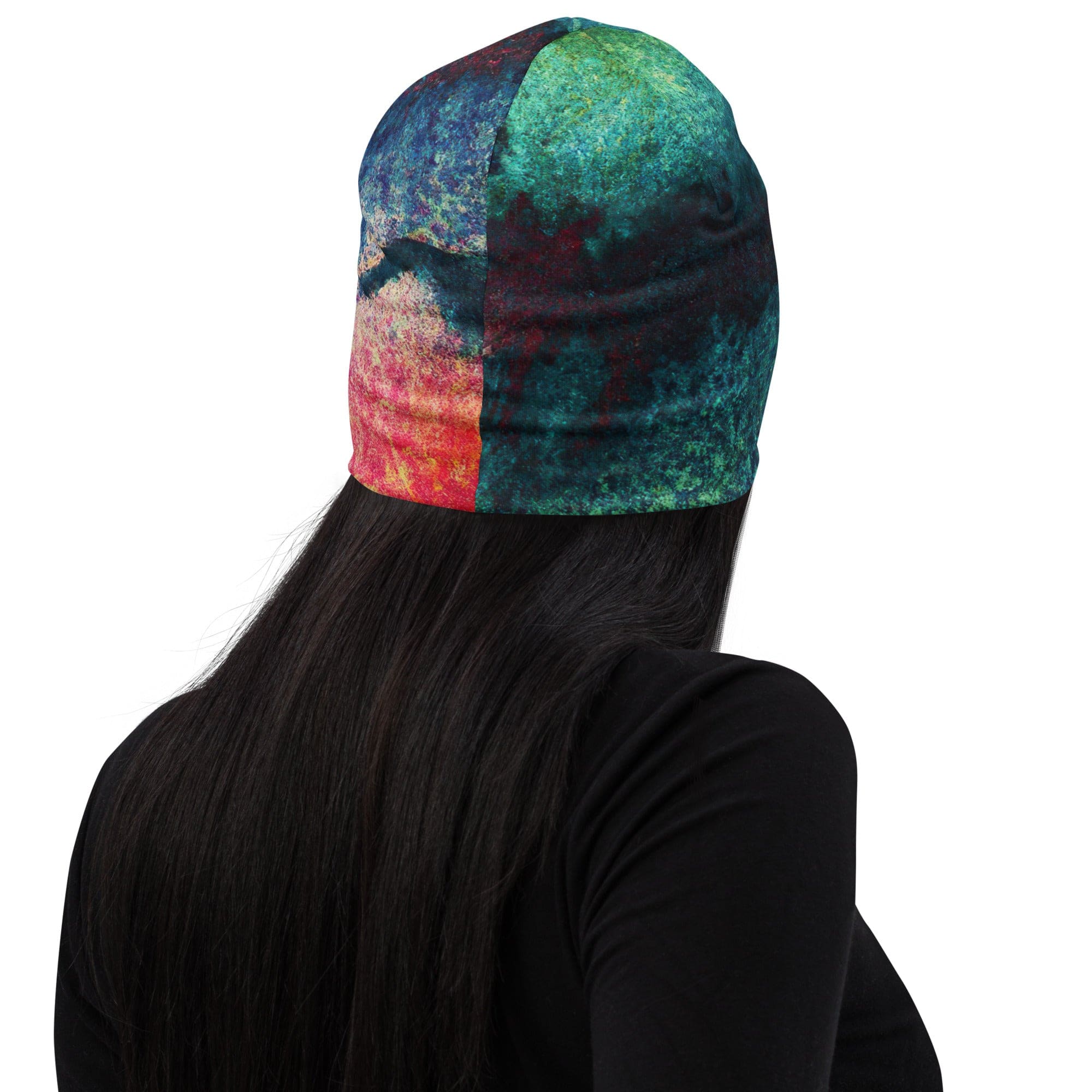 Double-layered beanie hat featuring a multicolor abstract pattern, perfect for winter and stylish outfits.