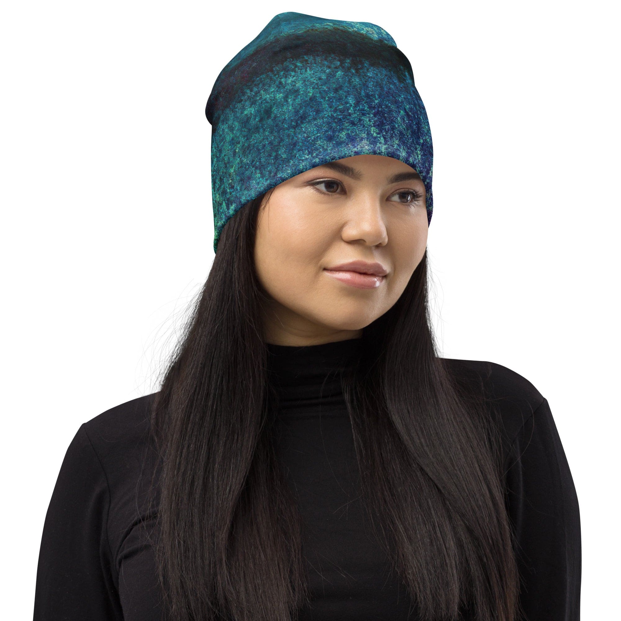 Double-layered beanie hat featuring a multicolor abstract pattern, perfect for winter and stylish outfits.