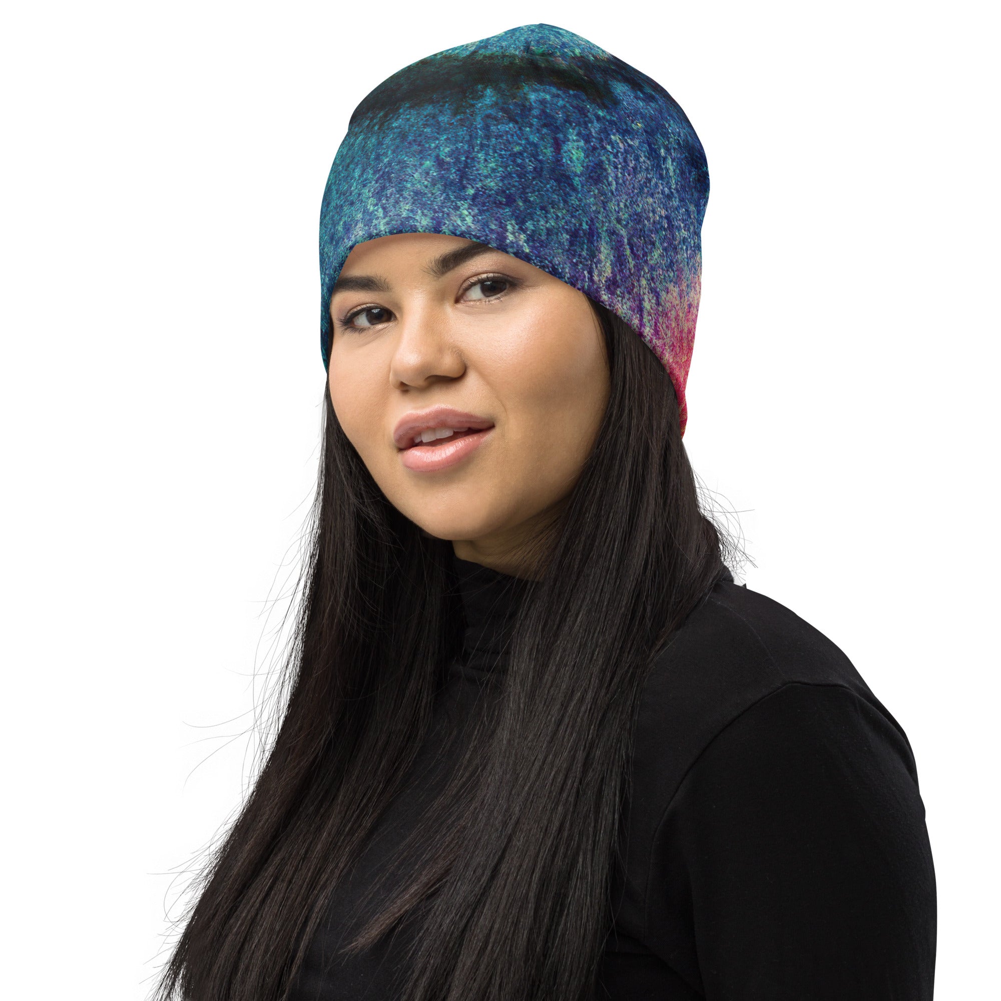 Double-layered beanie hat featuring a multicolor abstract pattern, perfect for winter and stylish outfits.