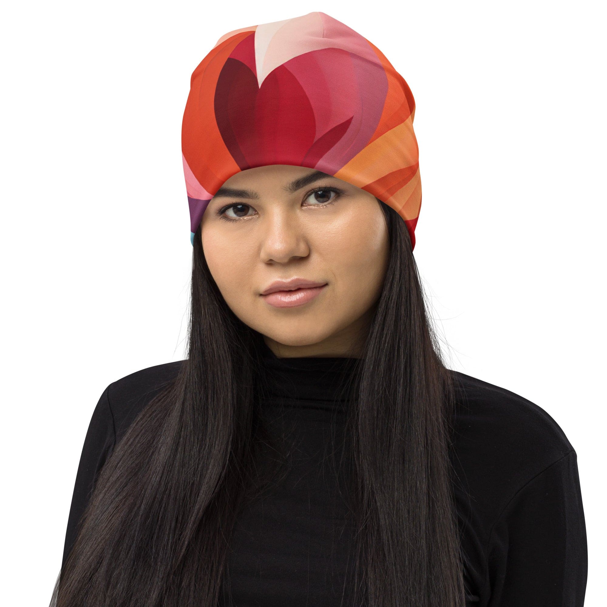Double-layered beanie hat featuring a colorful heart print, perfect for winter and spring wear.