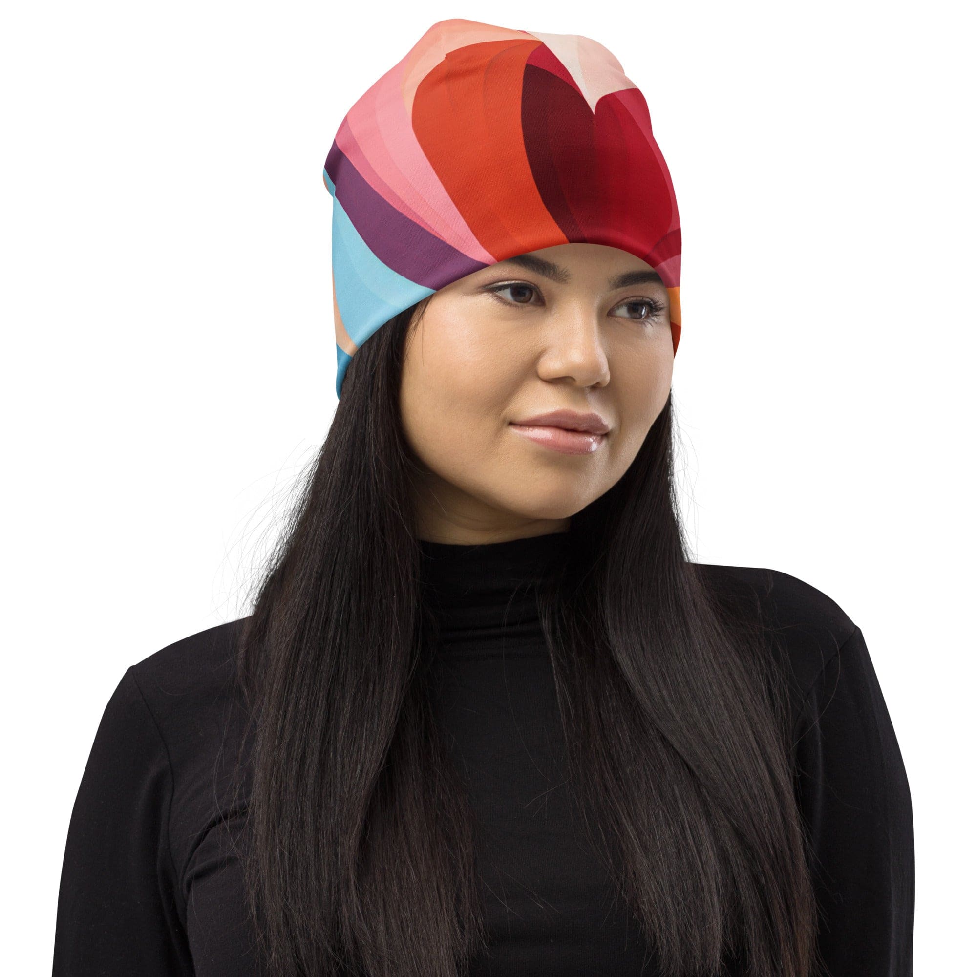 Double-layered beanie hat featuring a colorful heart print, perfect for winter and spring wear.