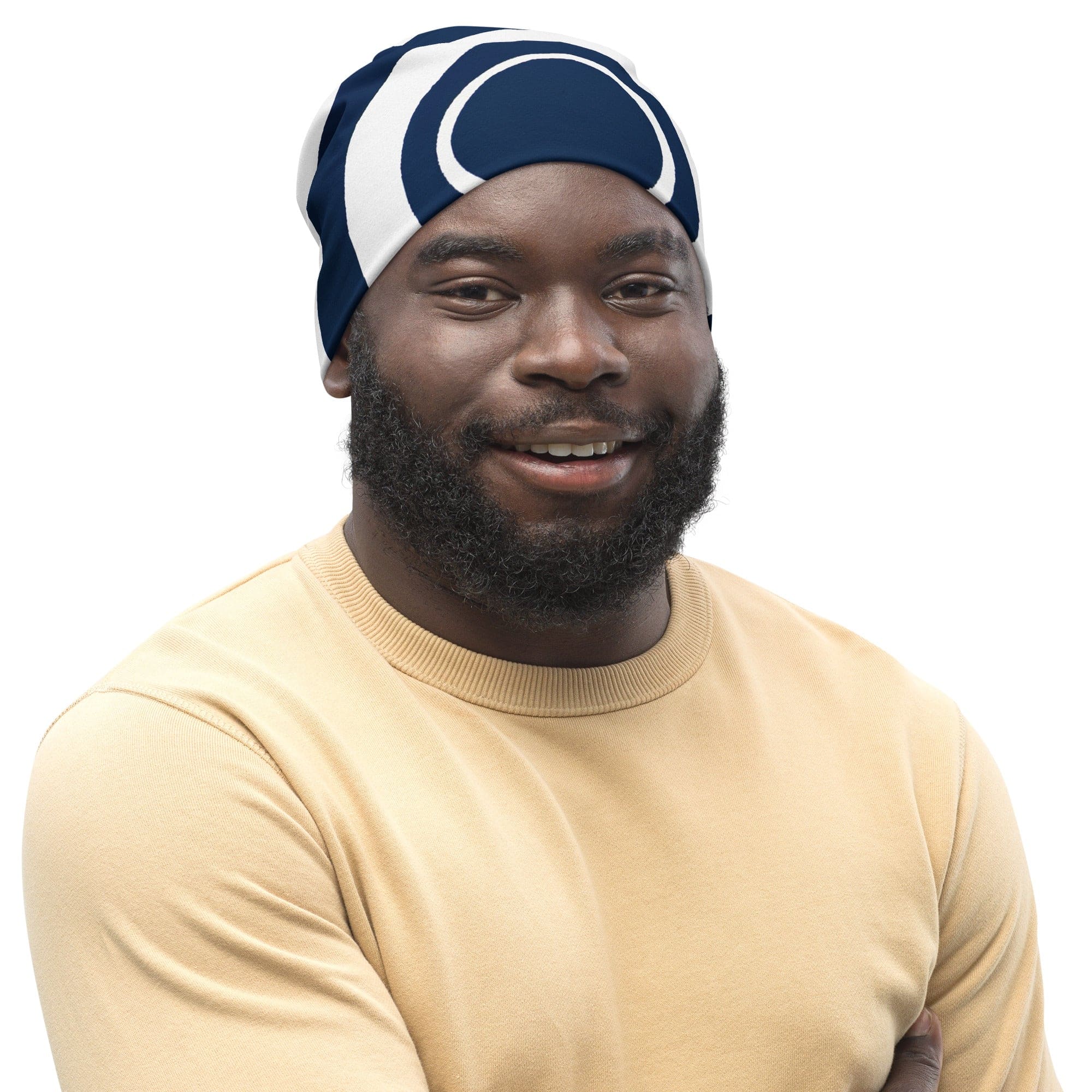 Double-layered navy blue and white beanie hat with a circular pattern, showcasing its soft fabric and stylish design.