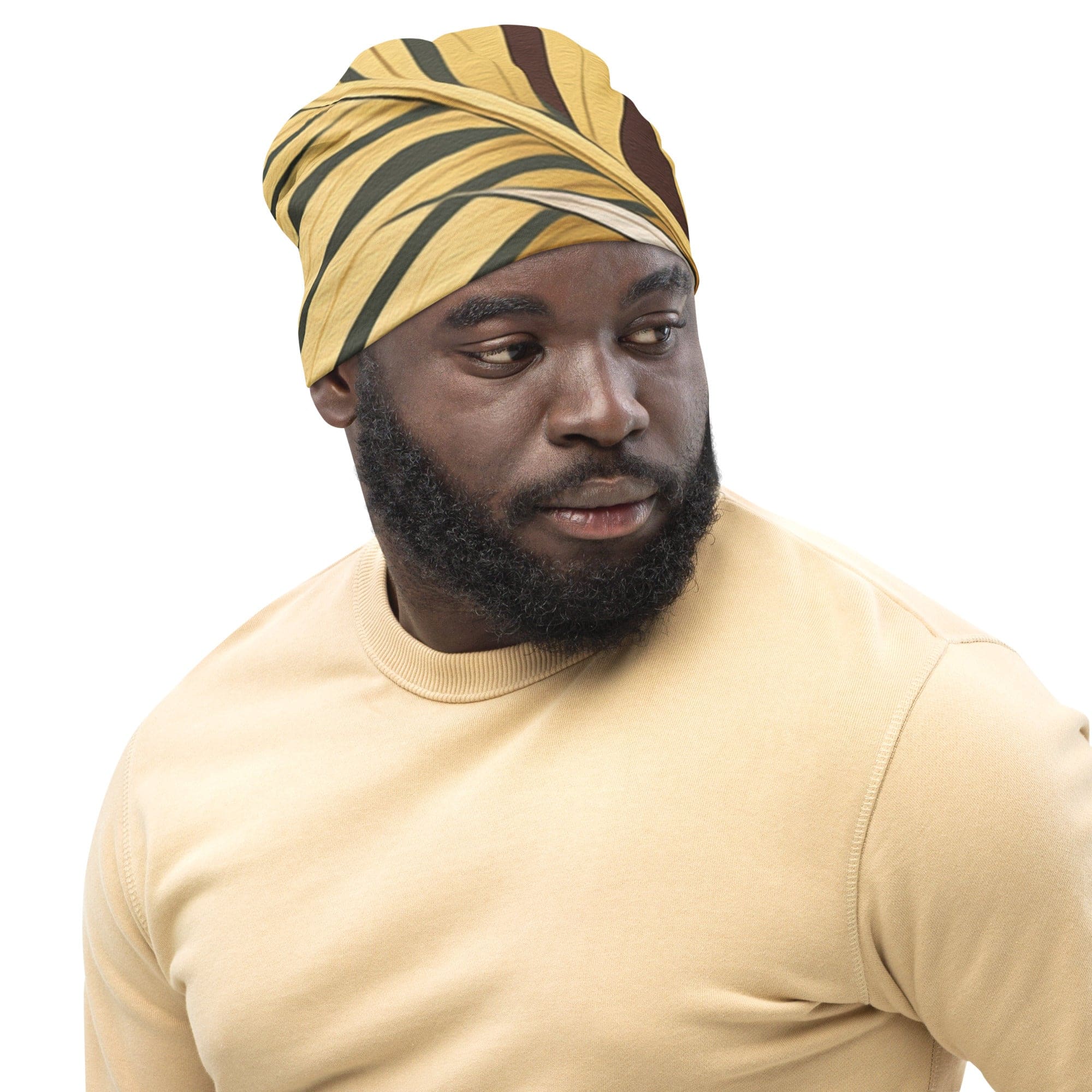 Double-layered beanie hat featuring a palm tree leaves pattern, showcasing its stylish design and soft fabric.