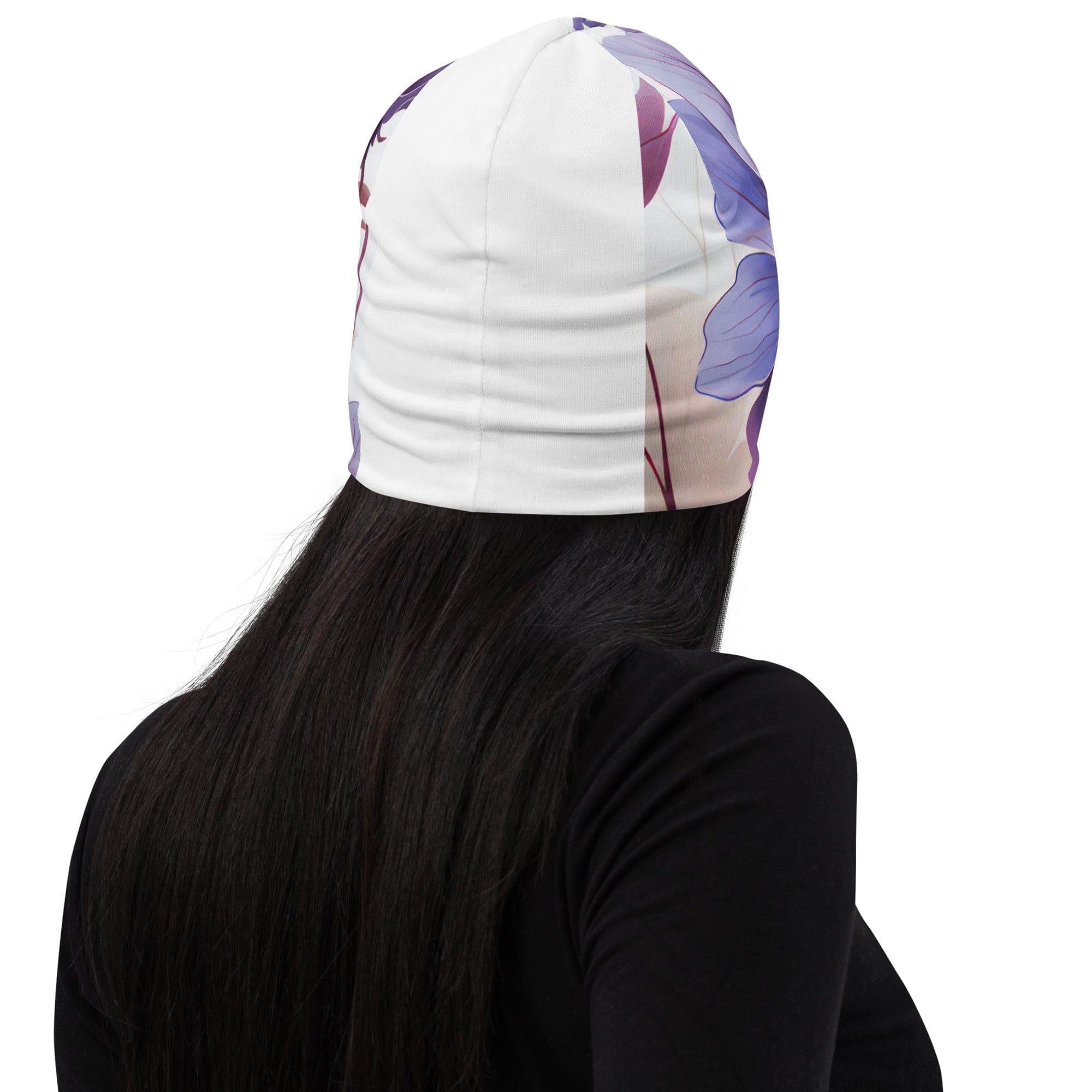 A stylish double-layered beanie hat featuring a vibrant purple botanical blooms design, perfect for winter and spring wear.