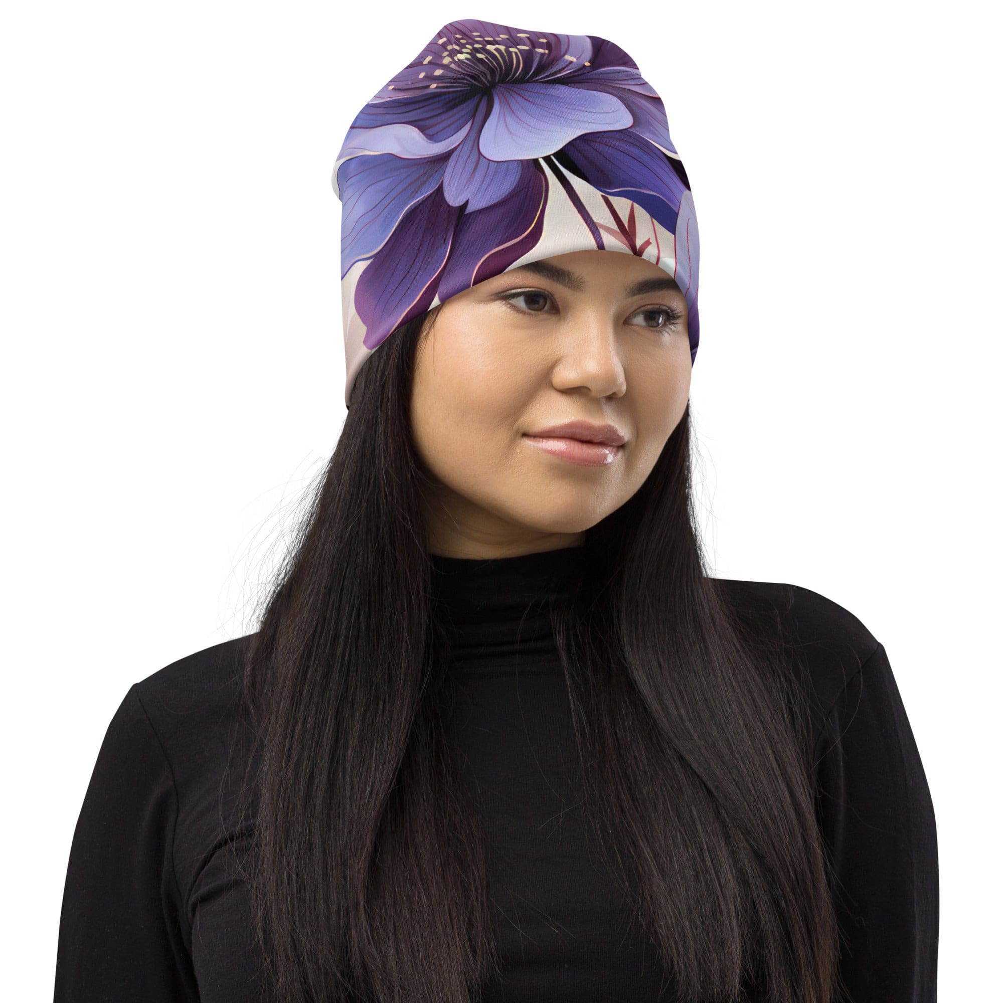 A stylish double-layered beanie hat featuring a vibrant purple botanical blooms design, perfect for winter and spring wear.