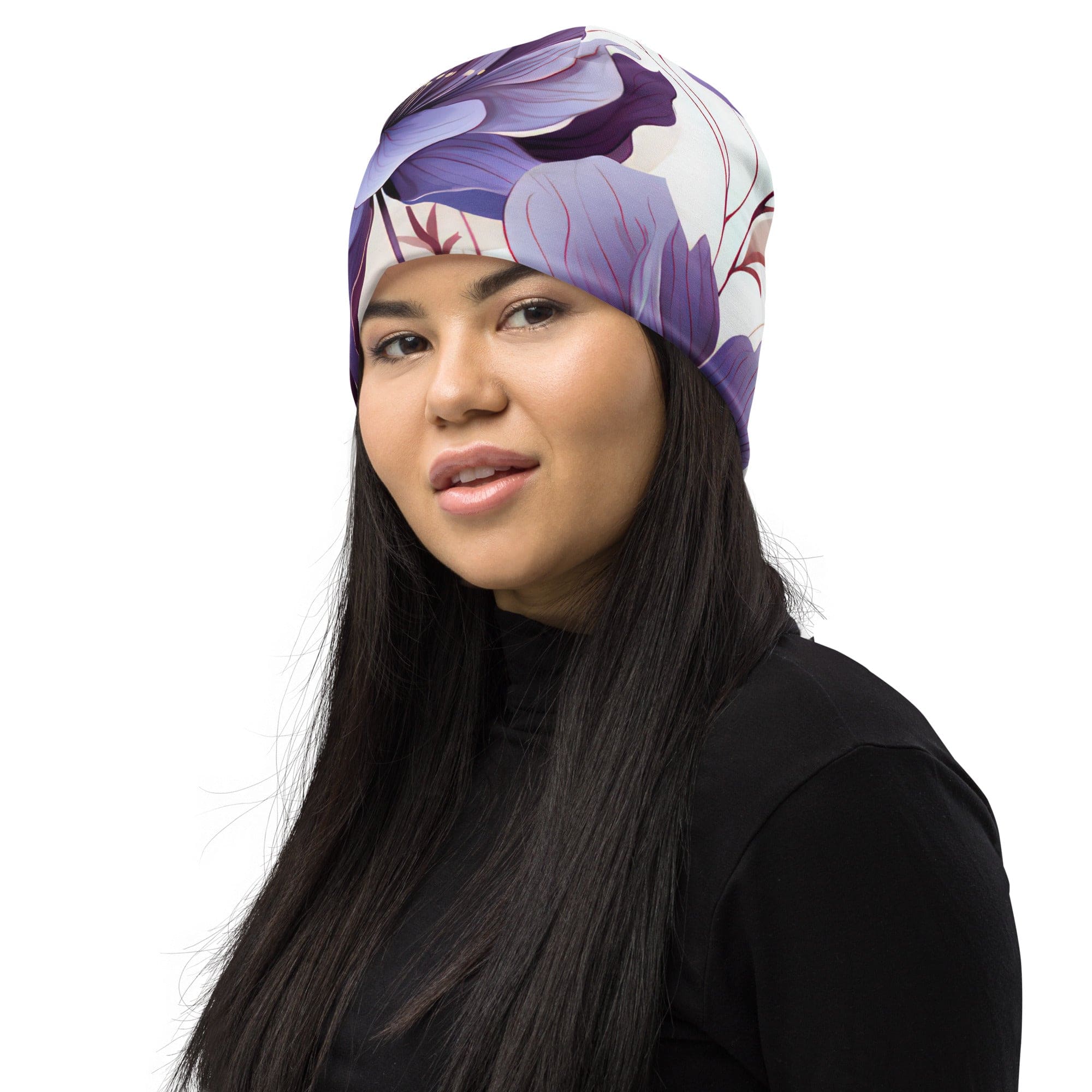 A stylish double-layered beanie hat featuring a vibrant purple botanical blooms design, perfect for winter and spring wear.